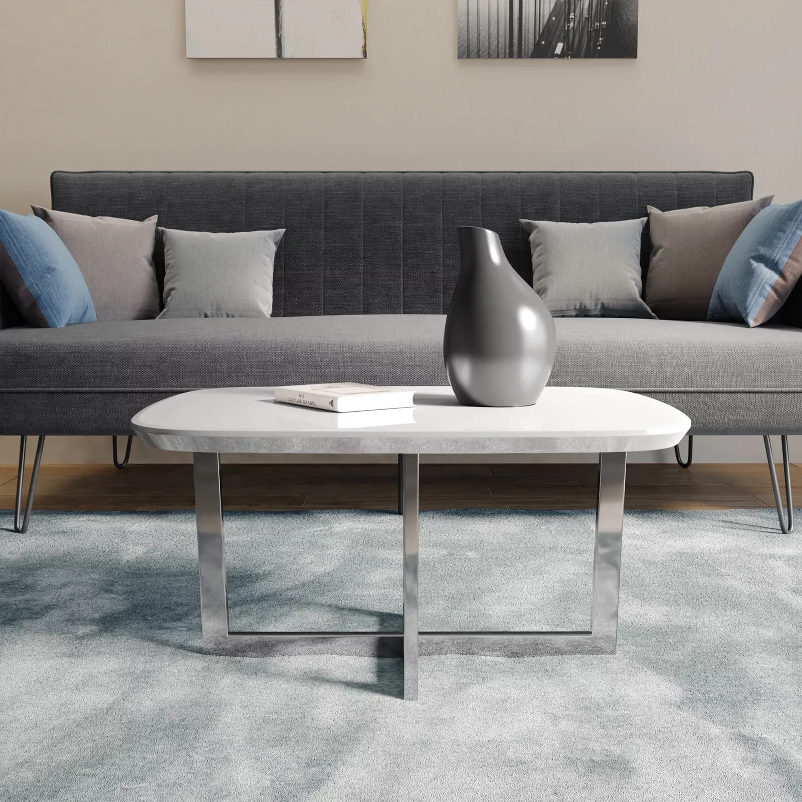 Tavolino 80x60x40 h cm piano in vetro bianco e gambe in metallo cromo - Doveli