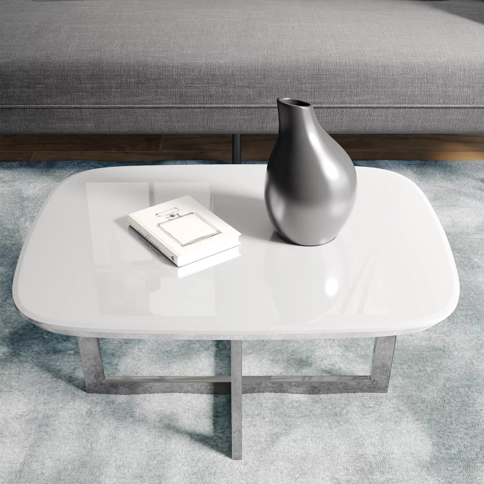 Tavolino 80x60x40 h cm piano in vetro bianco e gambe in metallo cromo - Doveli