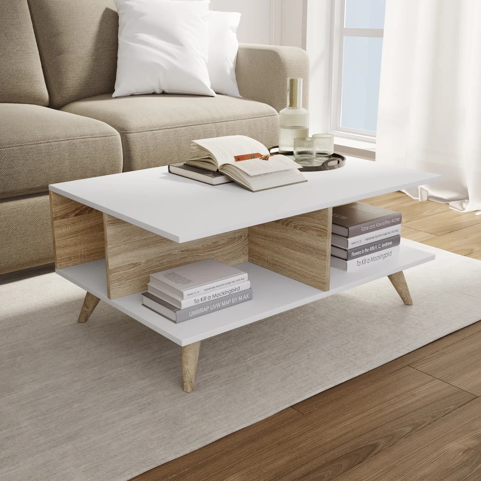 Tavolino 90x60 cm in effetto rovere e bianco con scomparti portaoggetti - Cortery
