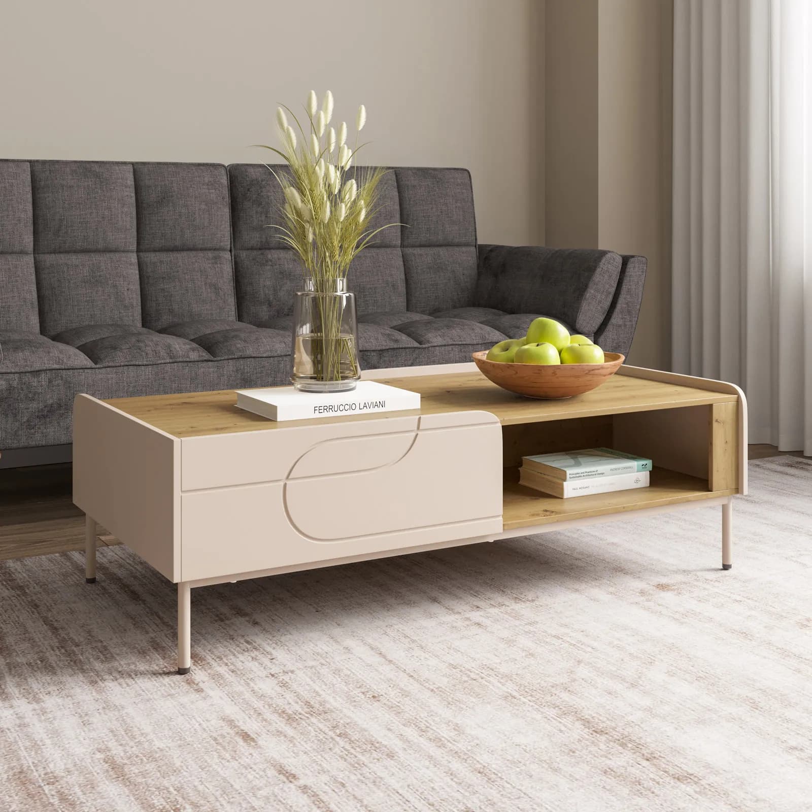 Tavolino contenitore 120x39h cm effetto rovere e cashmere opaco con 1 cassetto e piedi in metallo - Voltaire