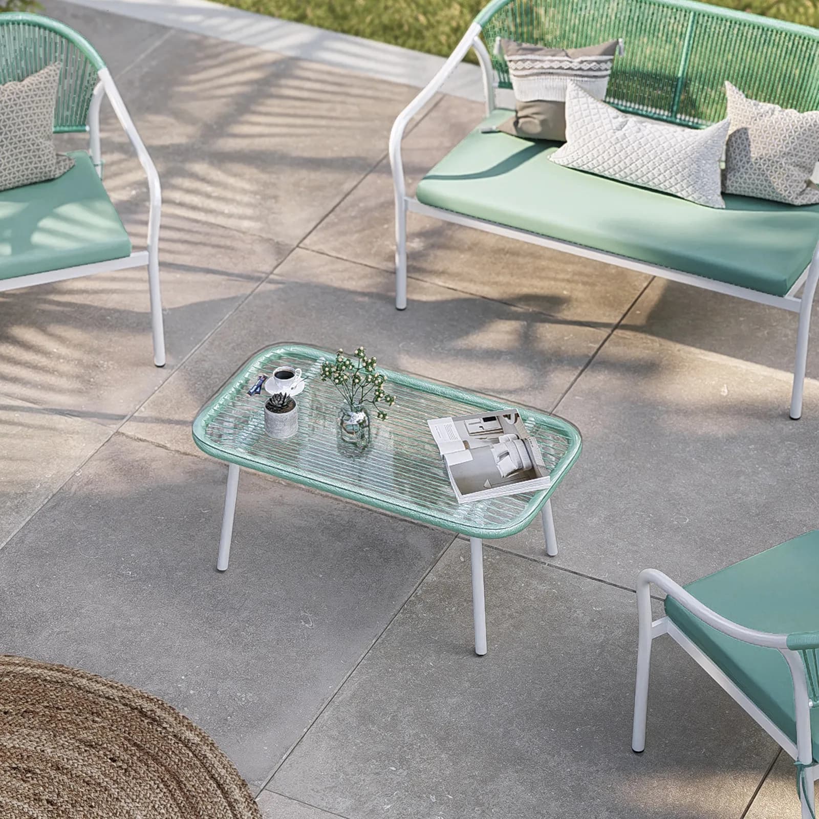 Tavolino da esterno 88x48 cm acciaio bianco con top in vetro e dettagli in corda verde tiffany - Eivissa