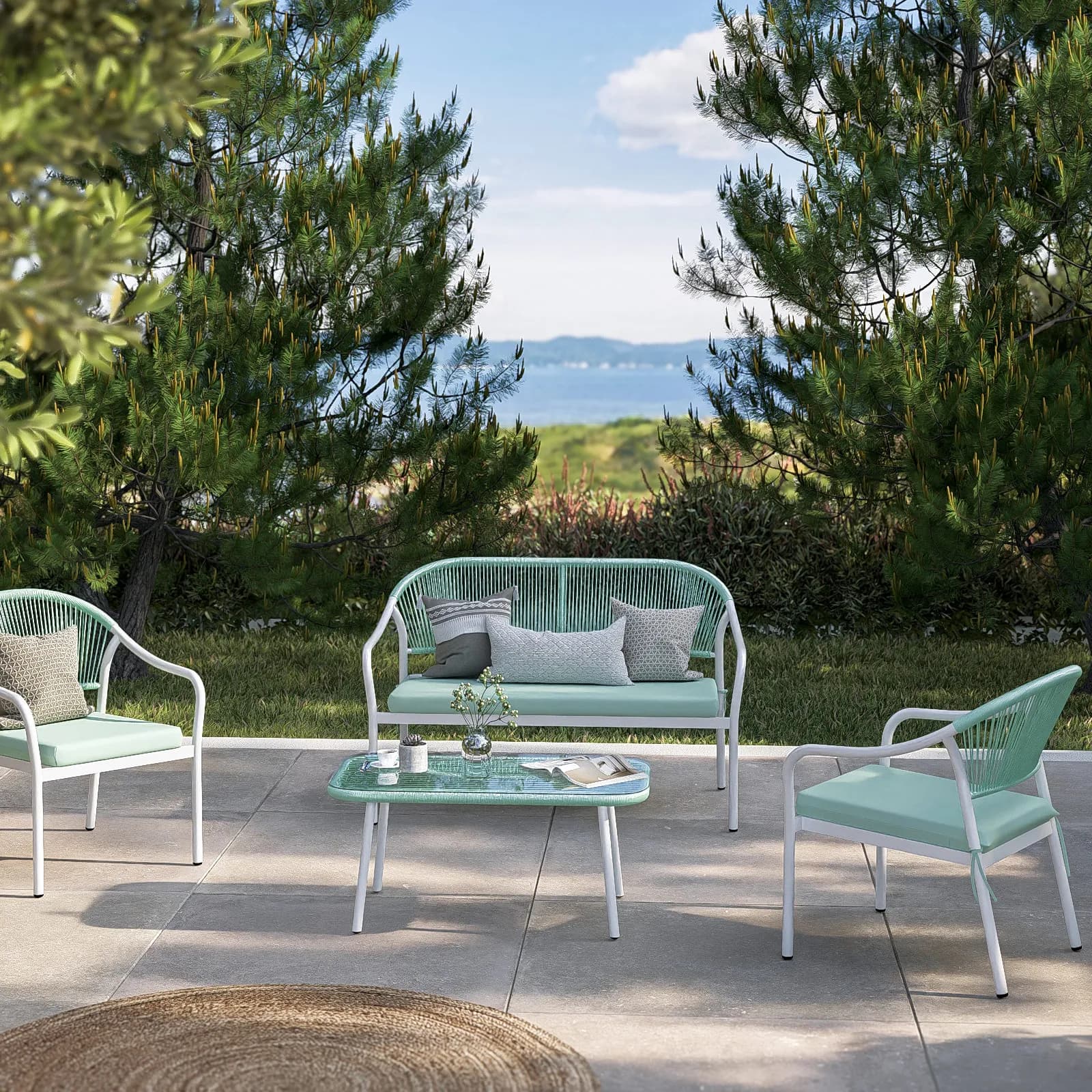 Tavolino da esterno 88x48 cm acciaio bianco con top in vetro e dettagli in corda verde tiffany - Eivissa