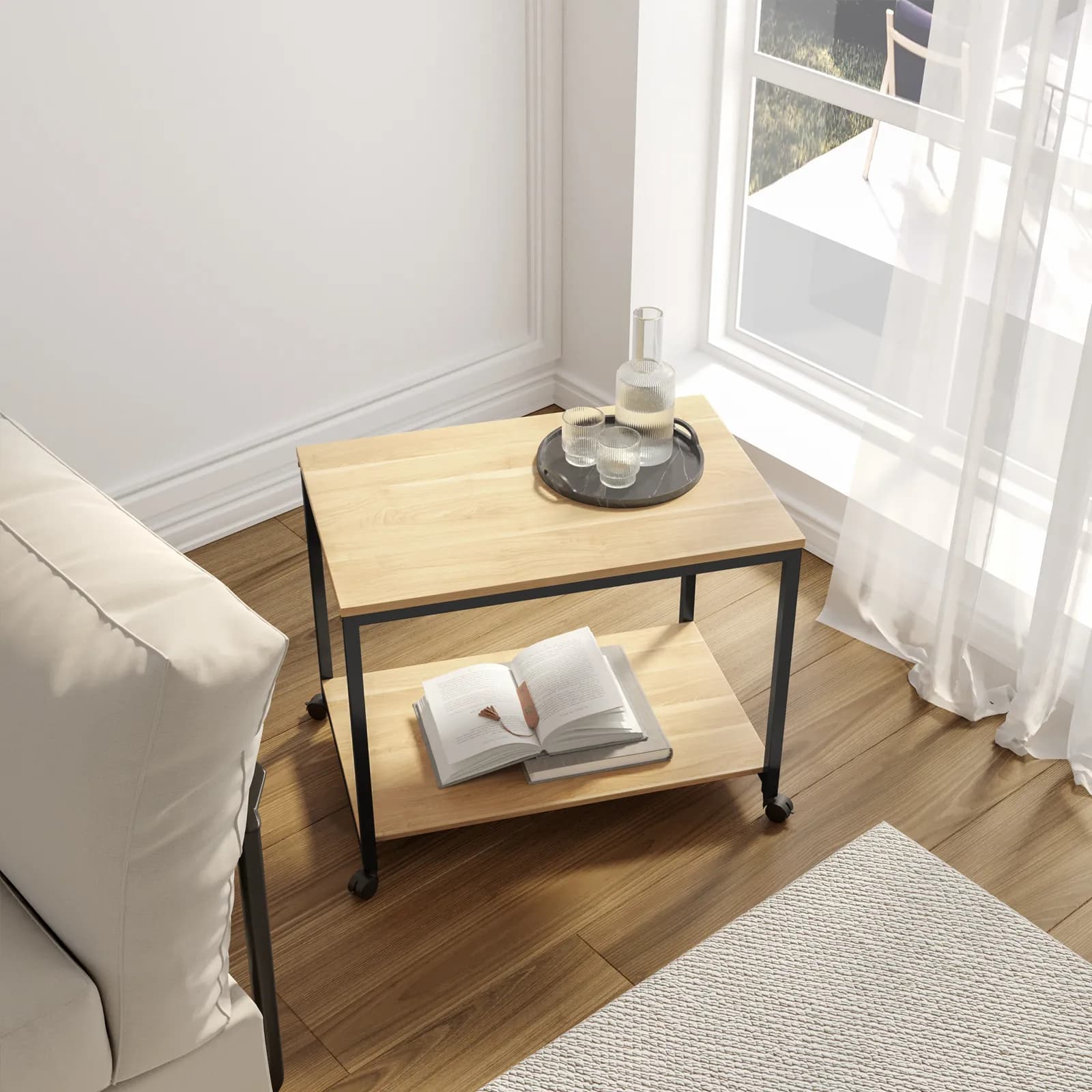 Tavolino 60x40 cm con due ripiani effetto rovere e metallo nero su ruote - Caio