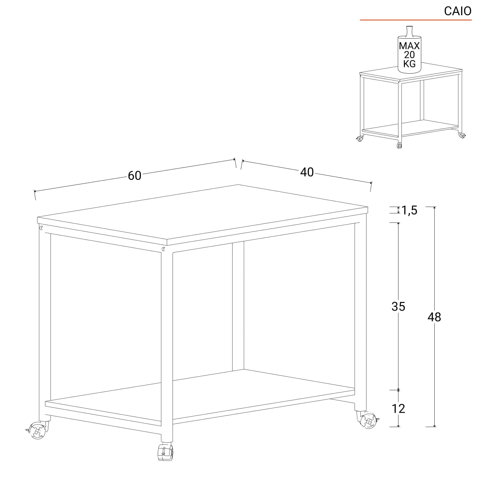 Tavolino 60x40 cm con due ripiani effetto rovere e metallo nero su ruote - Caio