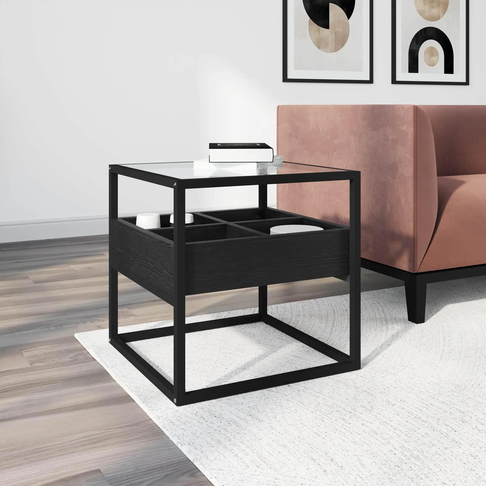 Tavolino 50x50 cm in metallo con top in vetro temperato e ripiano nero - Tod
