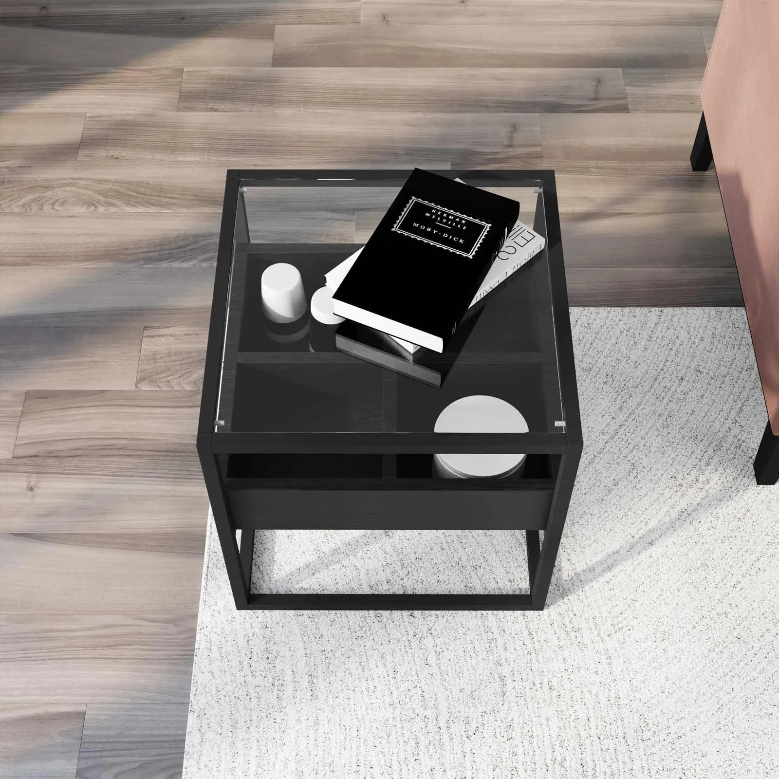 Tavolino 50x50 cm in metallo con top in vetro temperato e ripiano nero - Tod