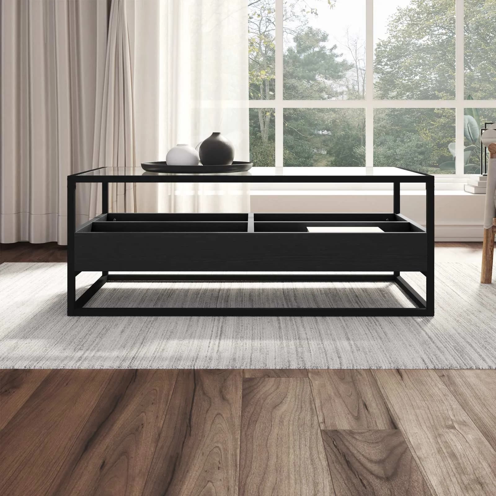 Tavolino 110x55 cm in metallo con top in vetro e ripiano nero - Tod
