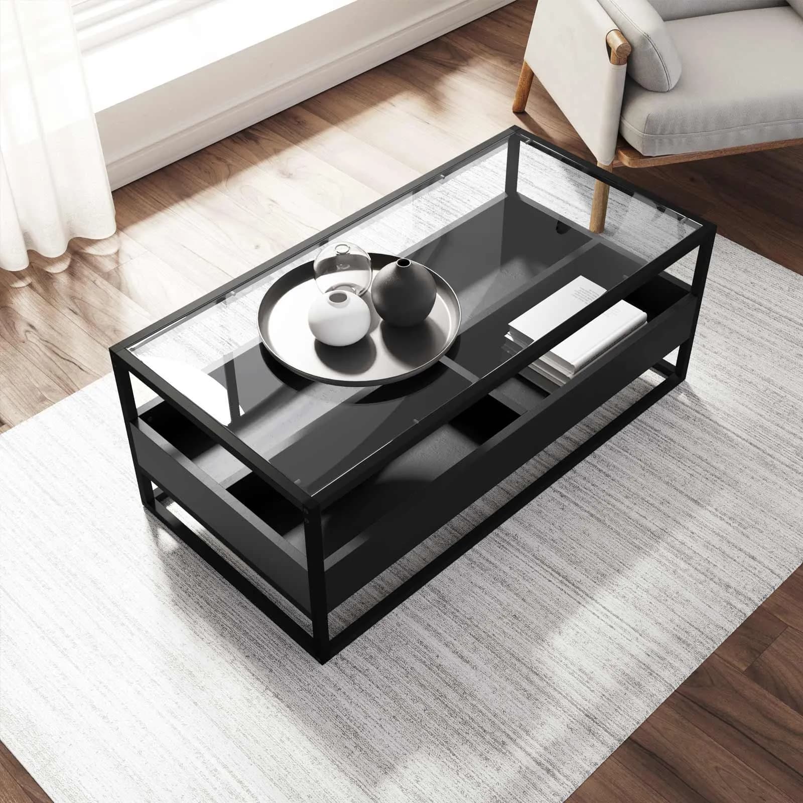 Tavolino 110x55 cm in metallo con top in vetro e ripiano nero - Tod