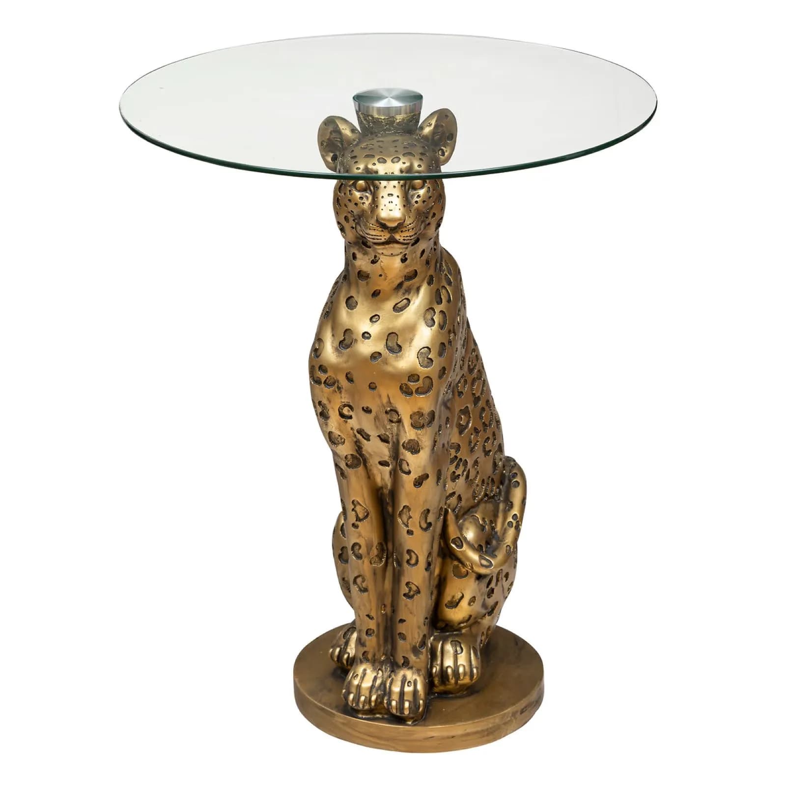 Tavolino rotondo 40 cm base a forma di leopardo oro e top in vetro temperato