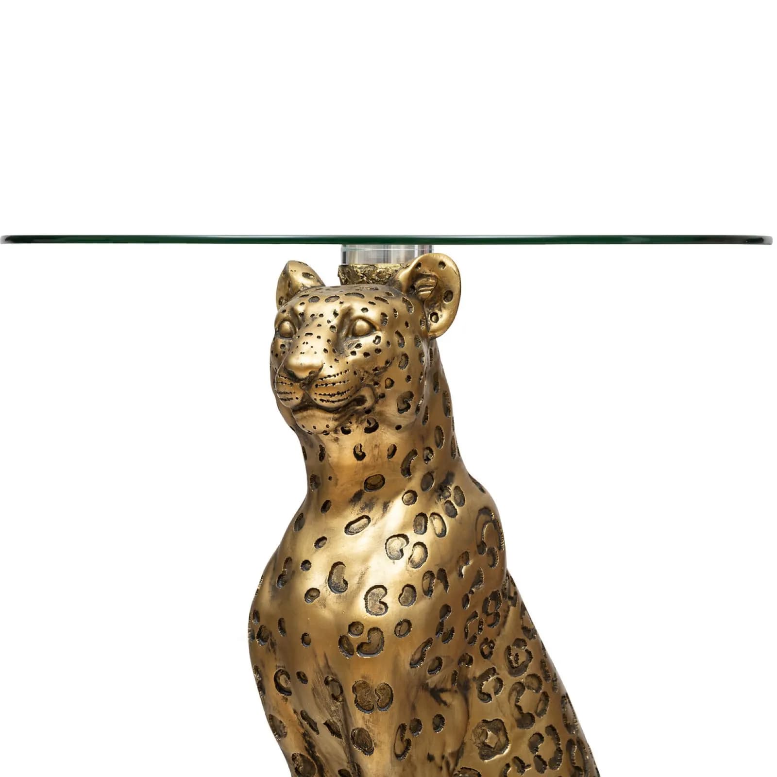 Tavolino rotondo 40 cm base a forma di leopardo oro e top in vetro temperato