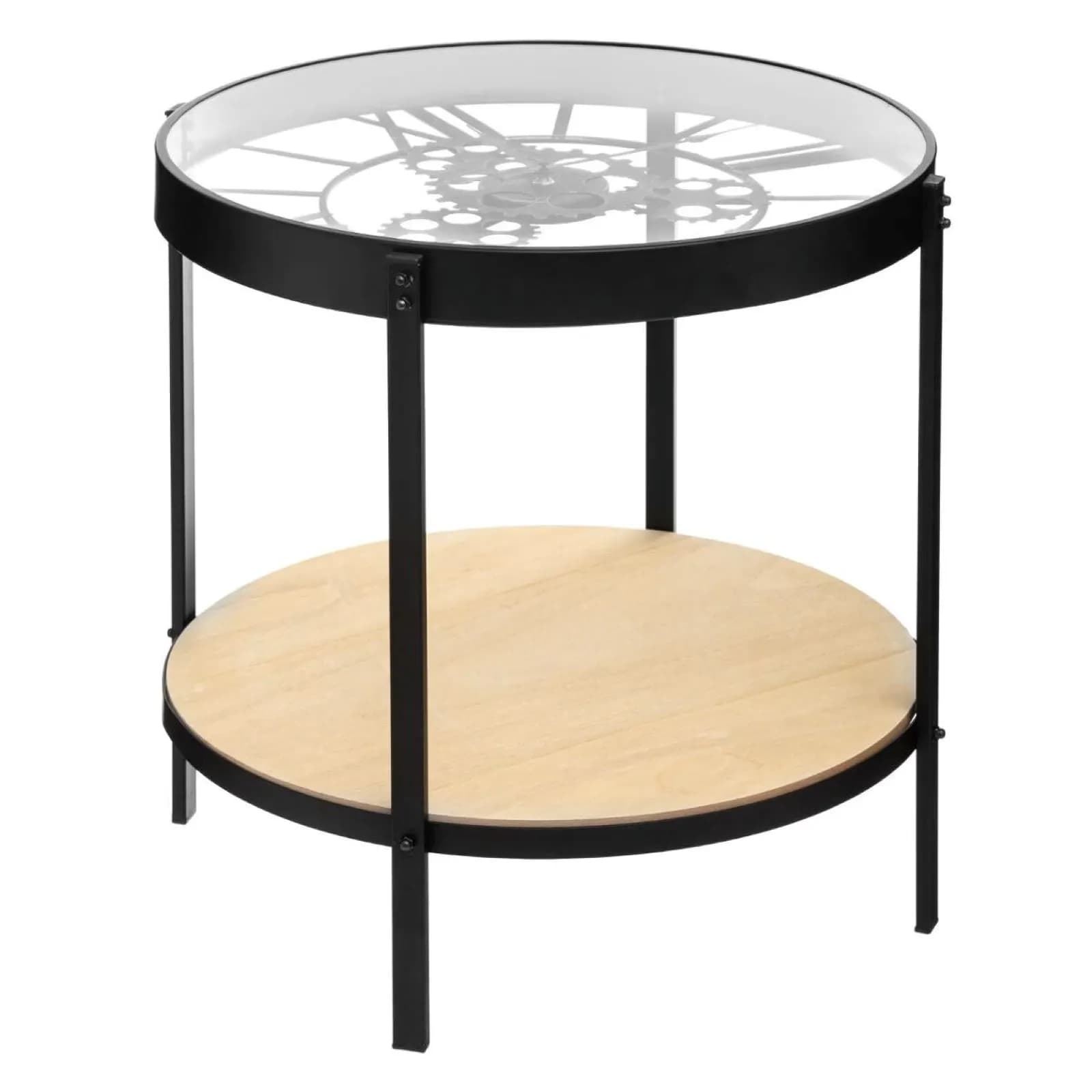 Tavolino rotondo 50 cm con 2 ripiani e top in vetro ed orologio - Clok