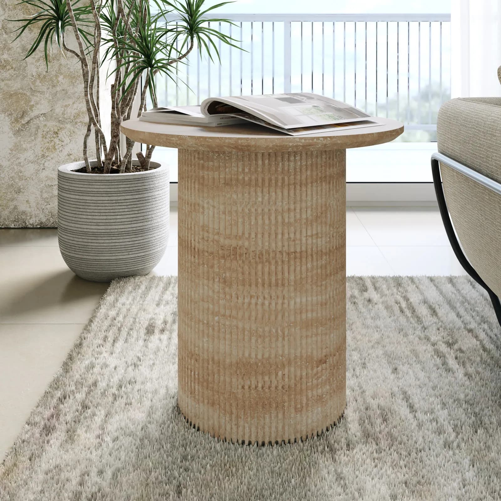 Tavolino rotondo 55 cm effetto travertino cannettato - Gwin