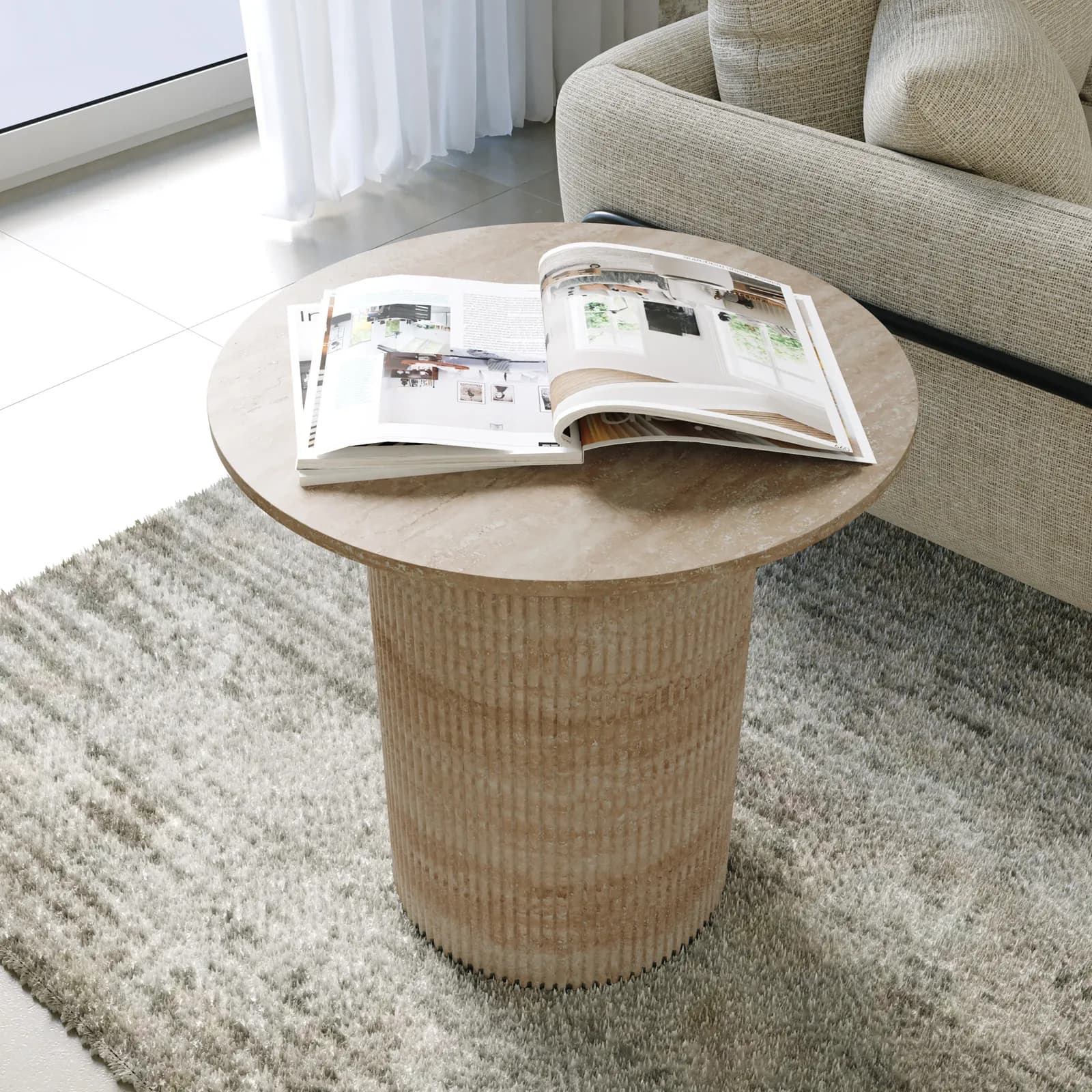 Tavolino rotondo 55 cm effetto travertino cannettato - Gwin