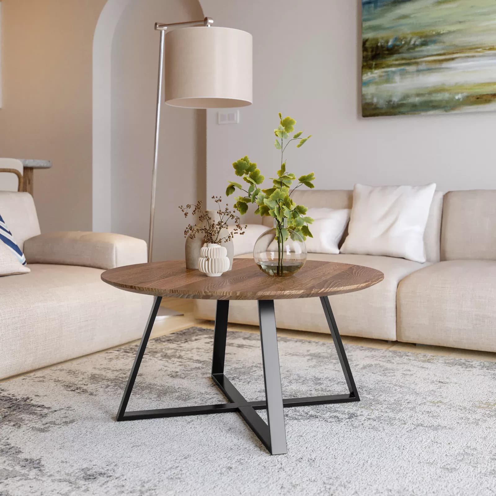 Tavolino rotondo 80 cm con piano in legno color castagno e gambe incrociate nere - Cage