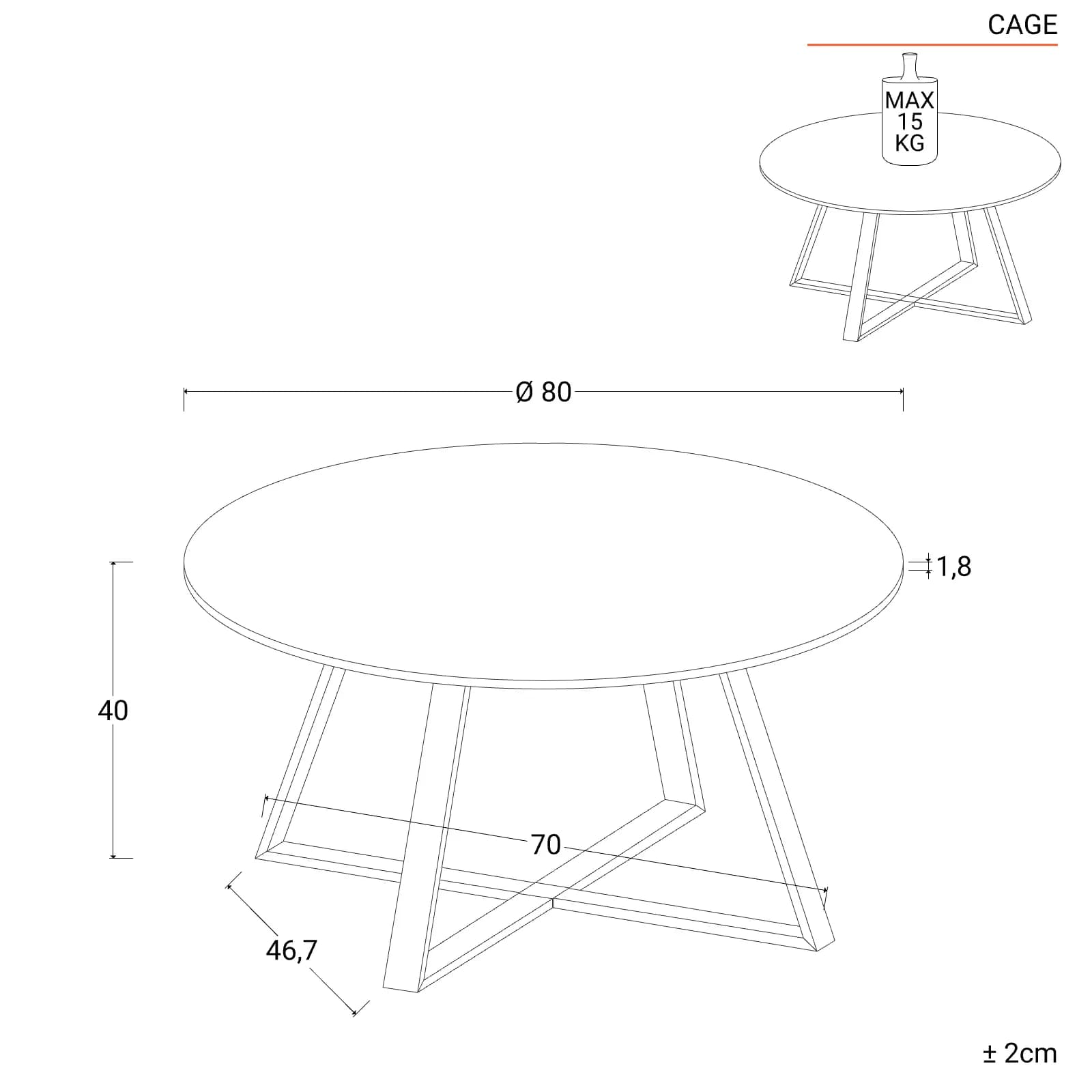 Tavolino rotondo 80 cm con piano in legno color castagno e gambe incrociate nere - Cage