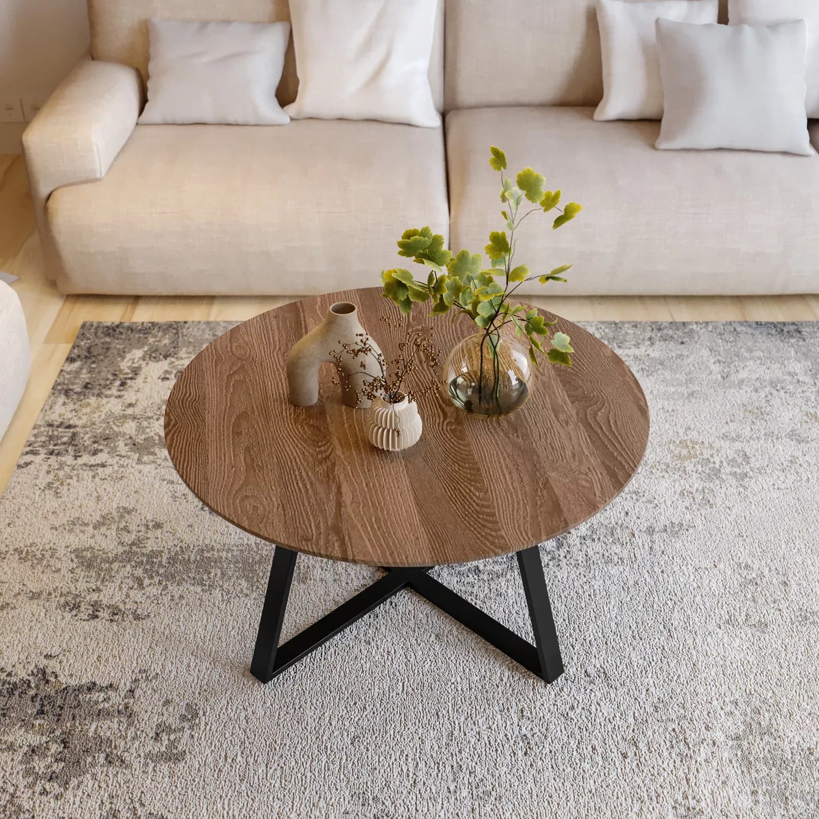 Tavolino rotondo 80 cm con piano in legno color castagno e gambe incrociate nere - Cage