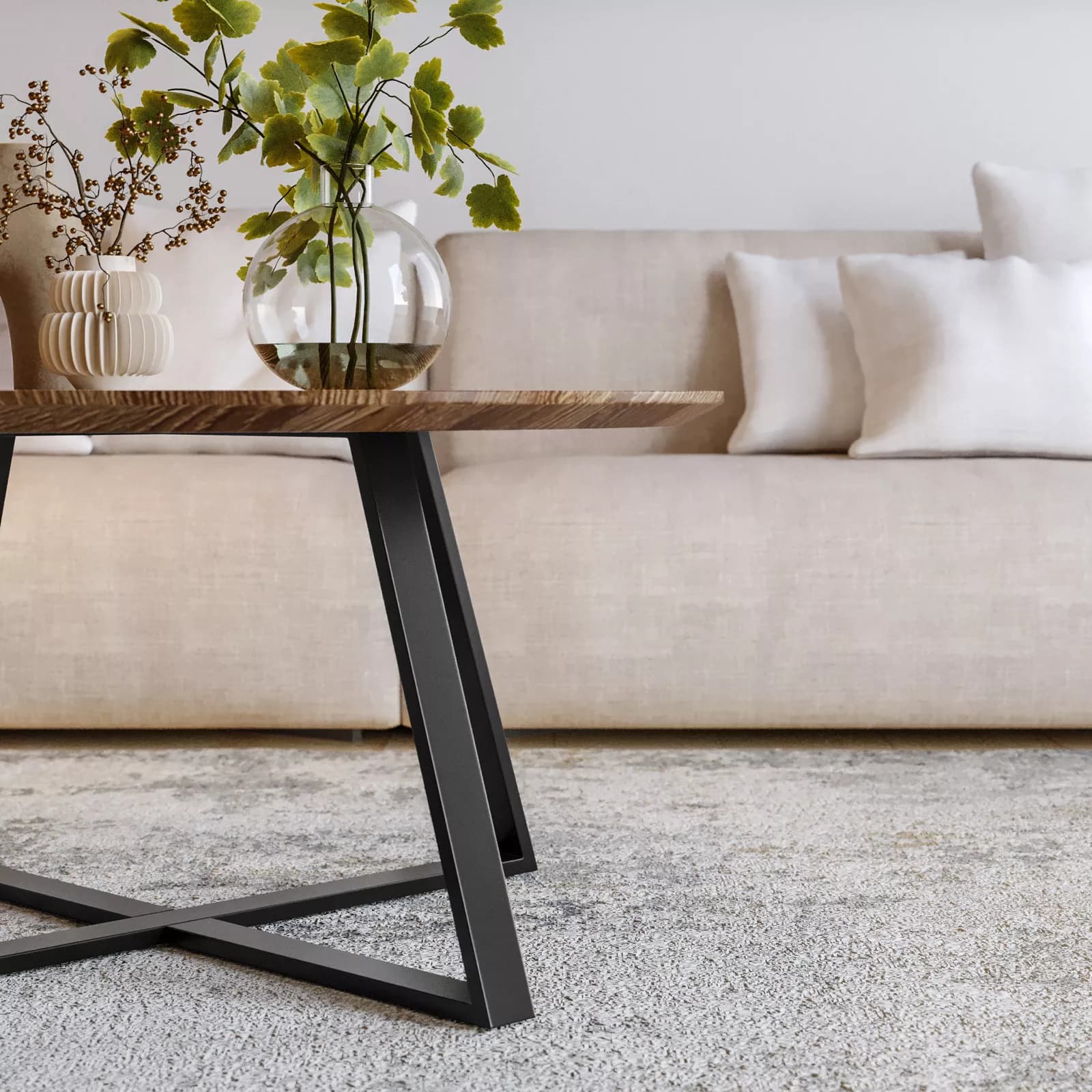 Tavolino rotondo 80 cm con piano in legno color castagno e gambe incrociate nere - Cage