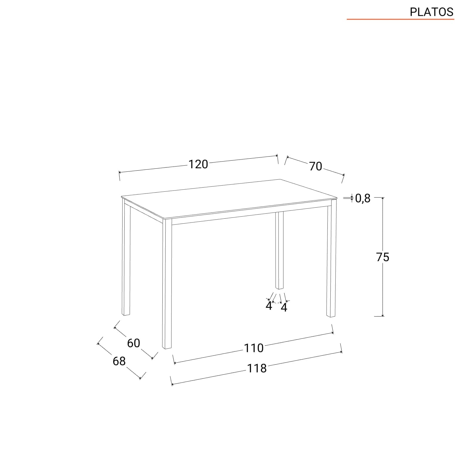 Tavolo 120x70 cm piano in vetro nero 8 mm e gambe nere - Platos