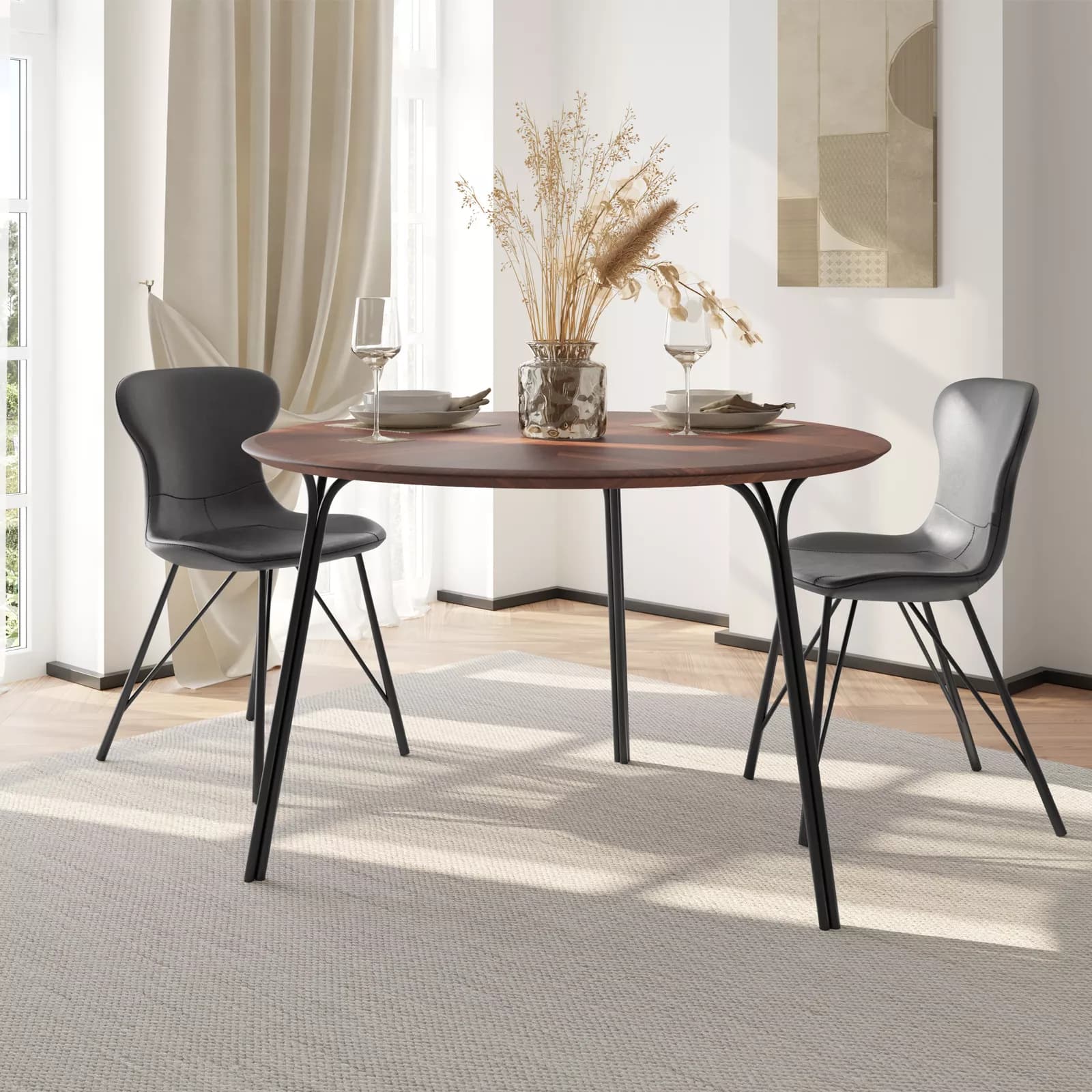 Tavolo da pranzo rotondo 120 cm effetto rovere e gambe in metallo nero - Trico