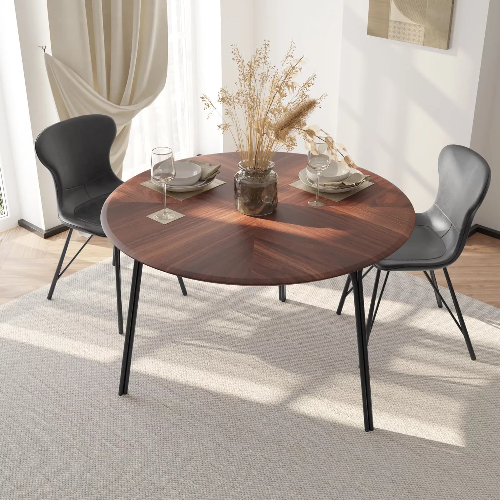 Tavolo da pranzo rotondo 120 cm effetto rovere e gambe in metallo nero - Trico