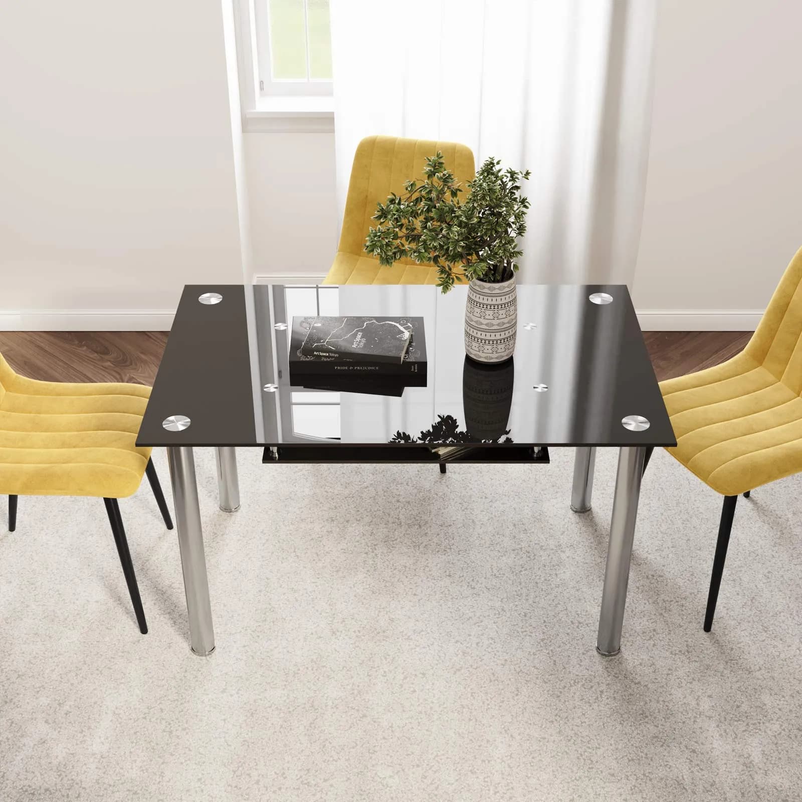 Tavolo 120x75 cm in vetro nero con gambe cromo e ripiano - Bakery