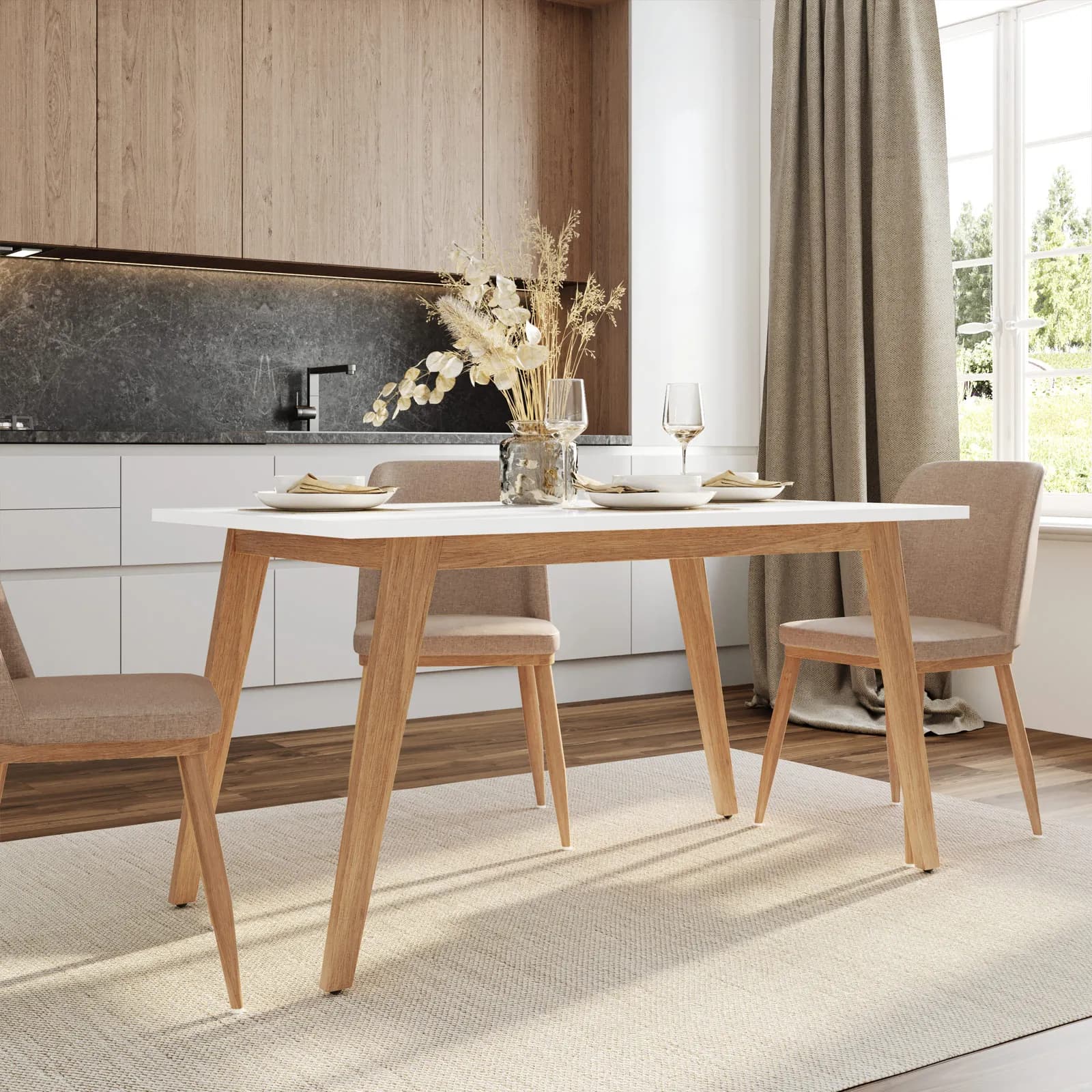 Tavolo 140x80 cm con top bianco e struttura in metallo effetto legno - Sinteo