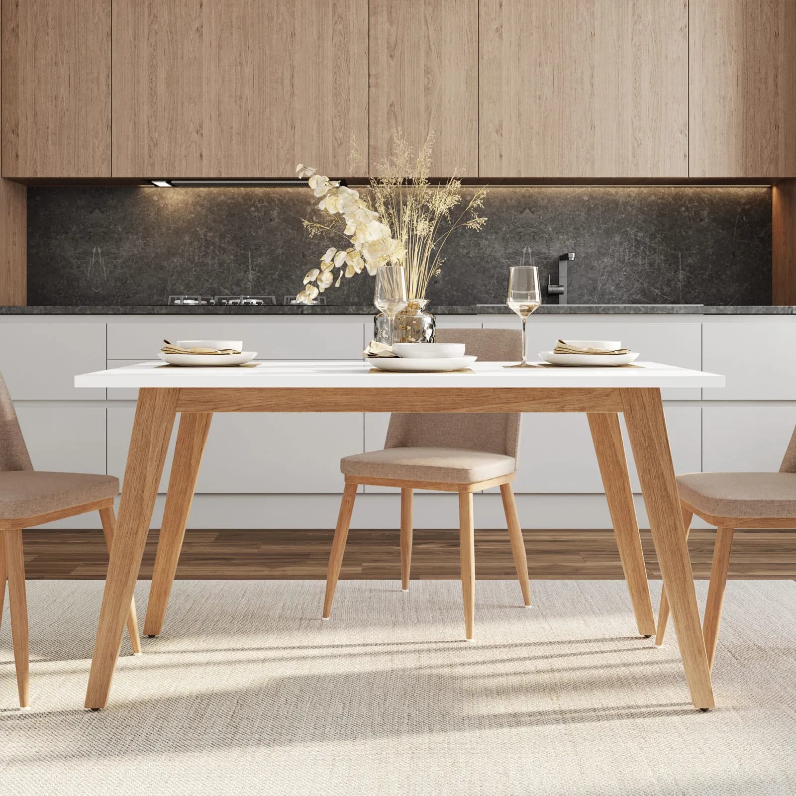 Tavolo 140x80 cm con top bianco e struttura in metallo effetto legno - Sinteo