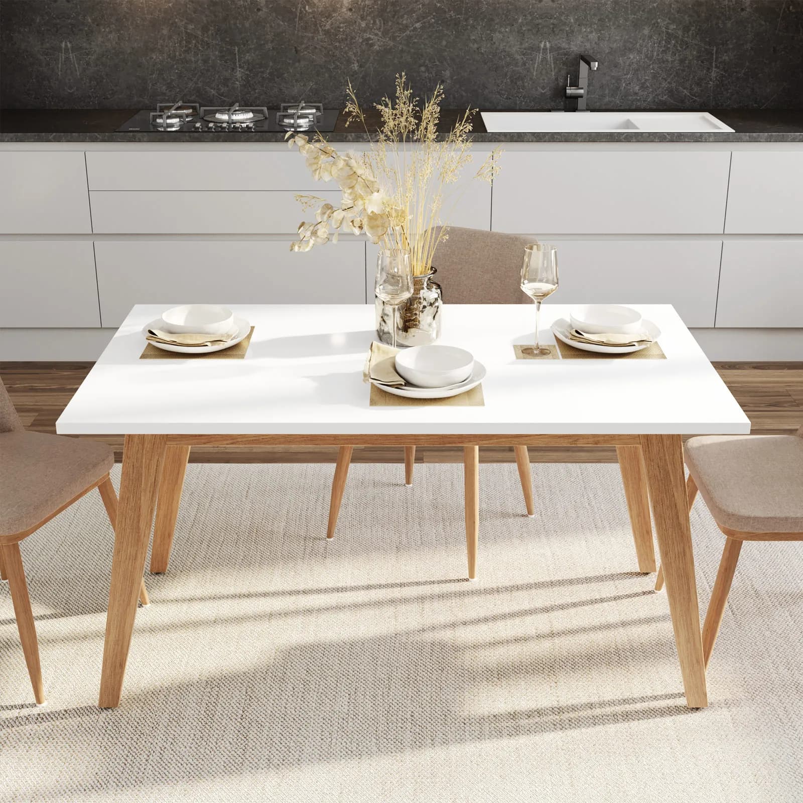 Tavolo 140x80 cm con top bianco e struttura in metallo effetto legno - Sinteo