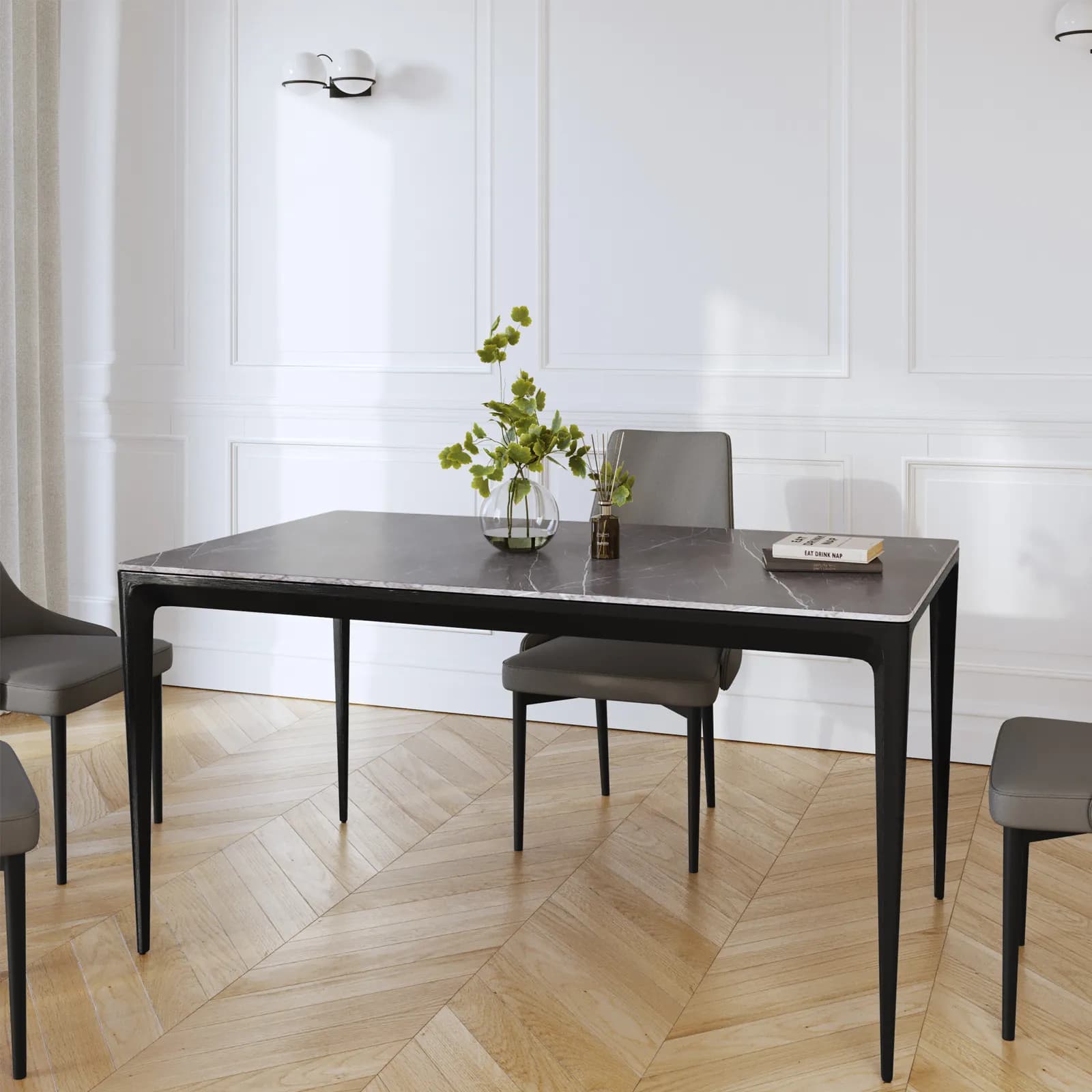 Tavolo 150x90 cm con piano in cermica effetto marmo grigio e gambe nere - Kurier