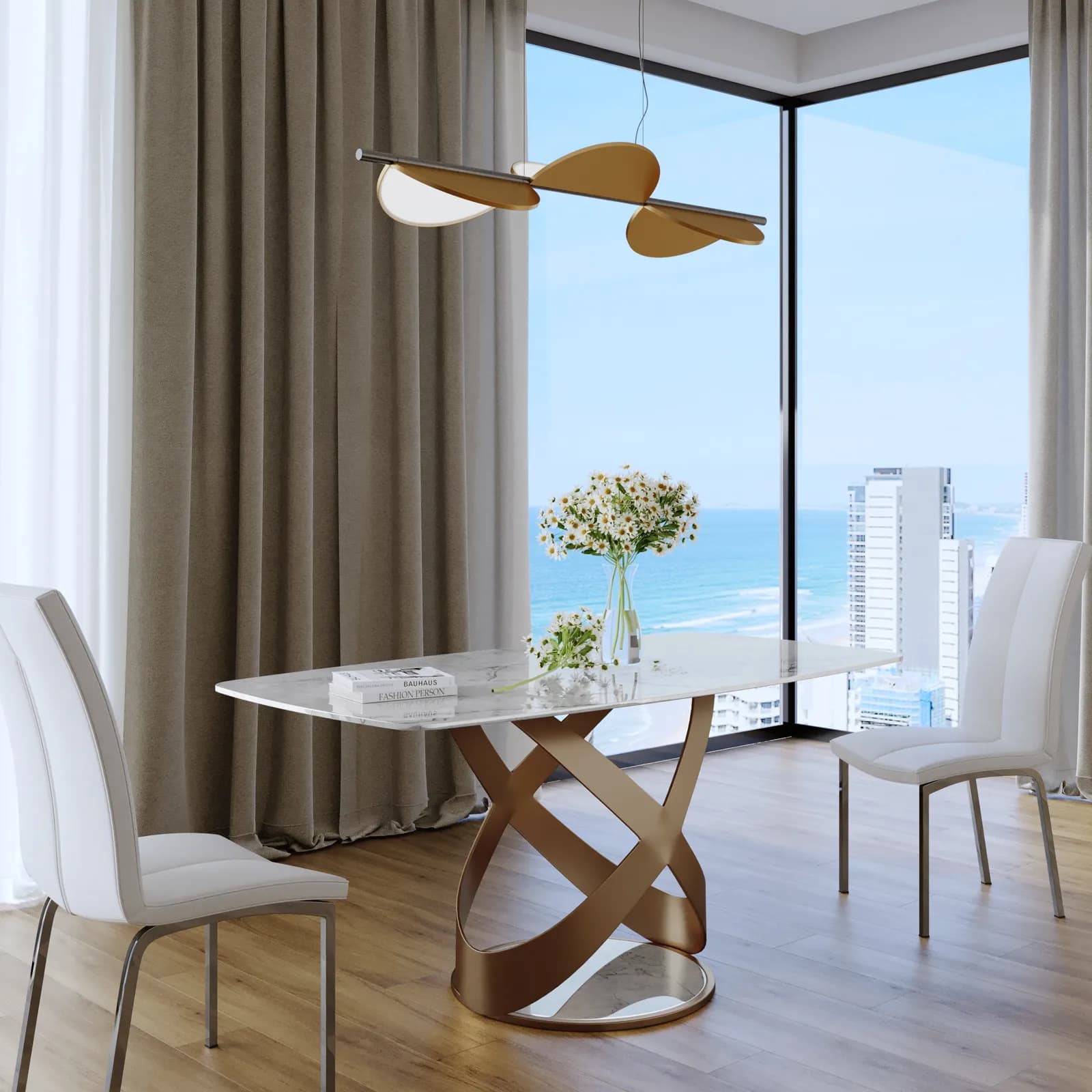 Tavolo 160x90 cm con piano effetto marmo perlato e gambe rame opaco - Remarq