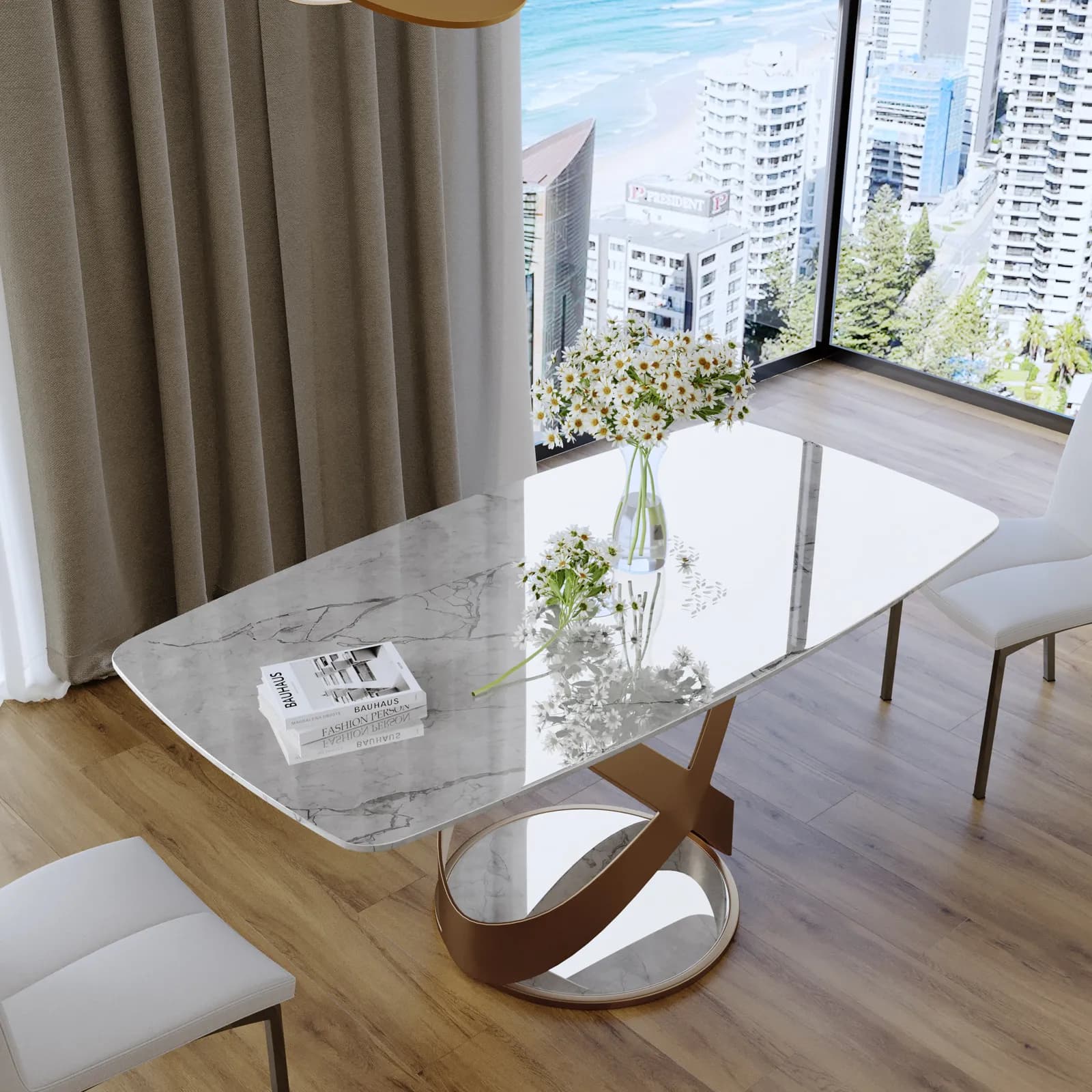Tavolo 160x90 cm con piano effetto marmo perlato e gambe rame opaco - Remarq