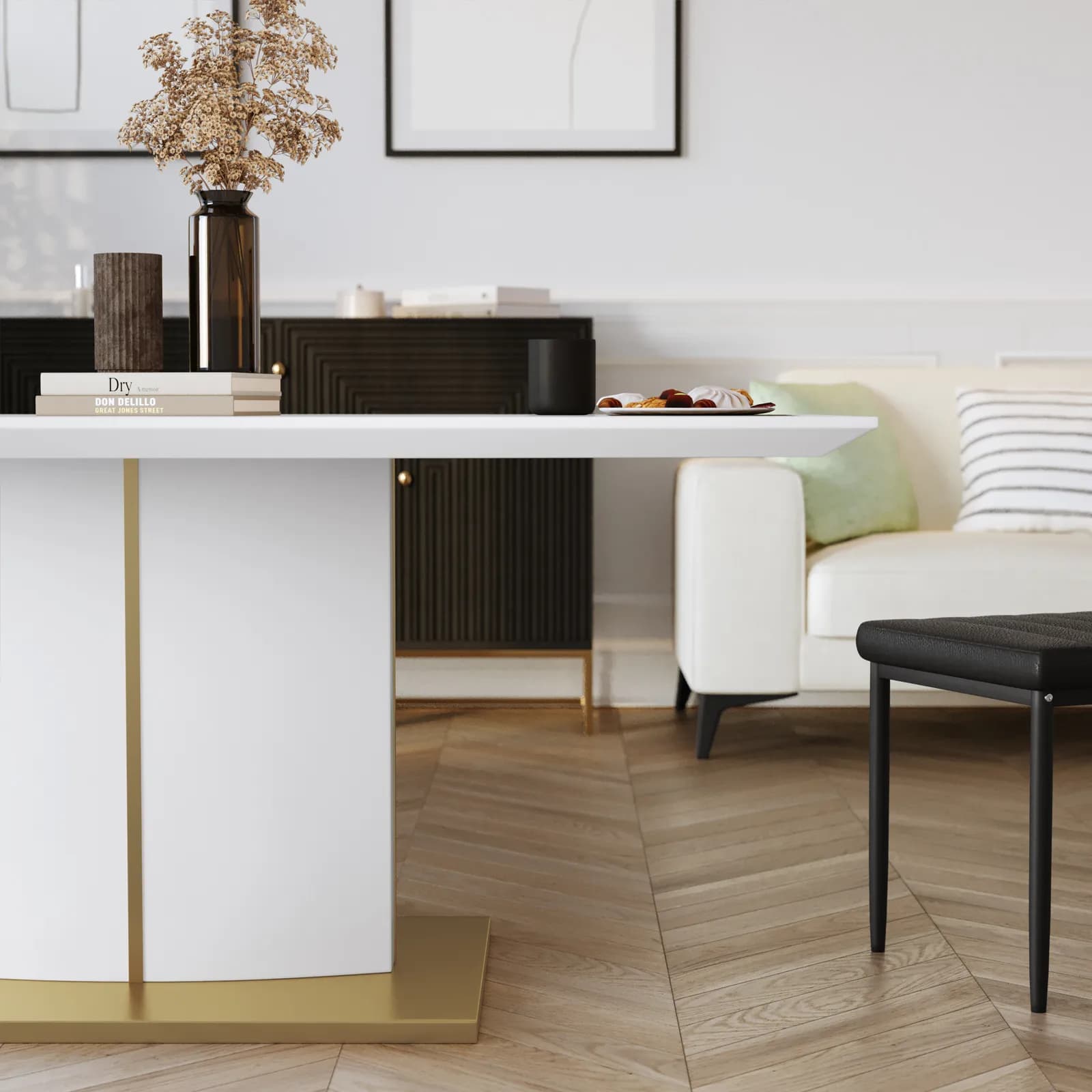 Tavolo 180x90 cm top bianco lucido e base in acciaio inox finitura oro - Bigfoot