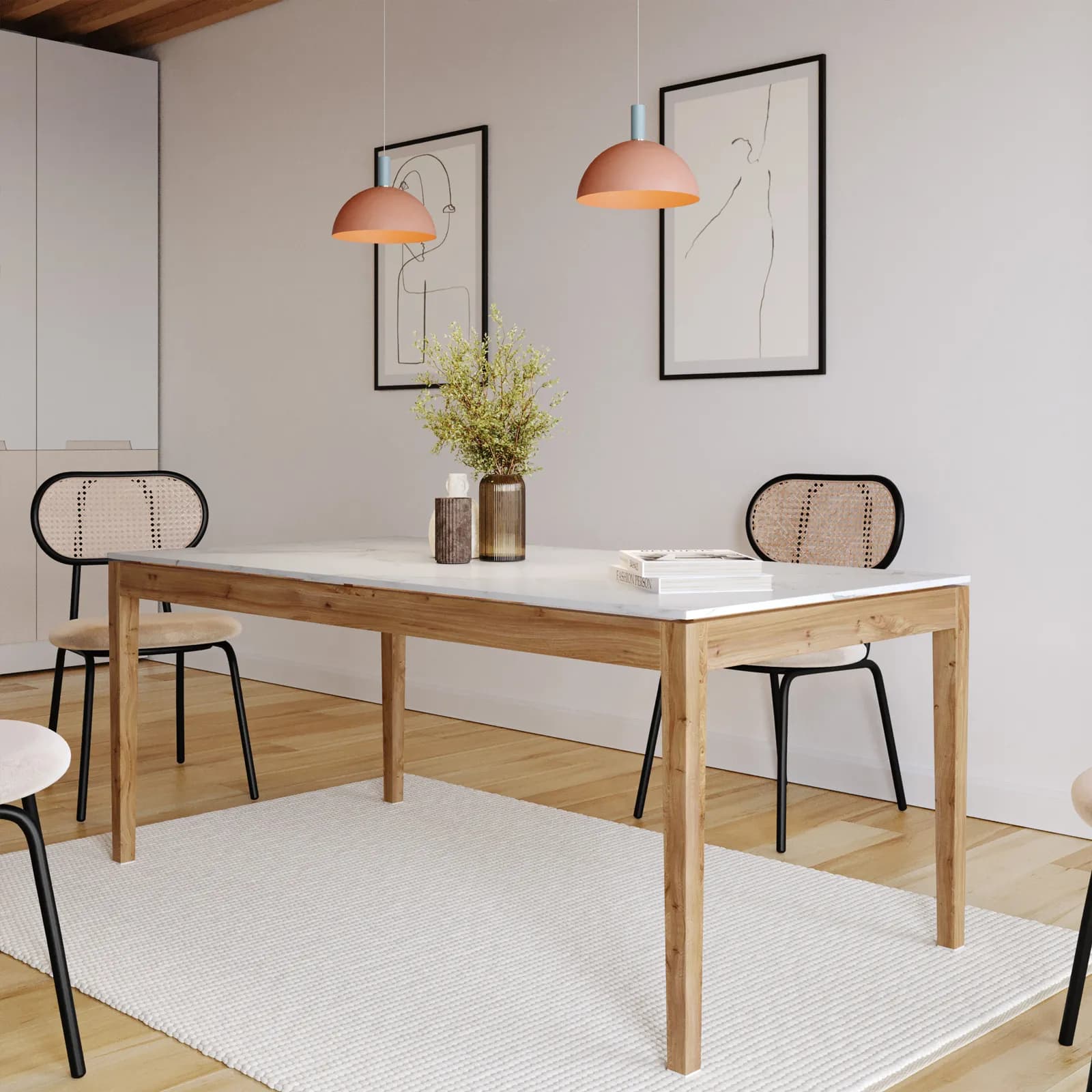 Tavolo 180x90 cm con piano in pietra sinterizzata bianco e gambe in legno - Belles