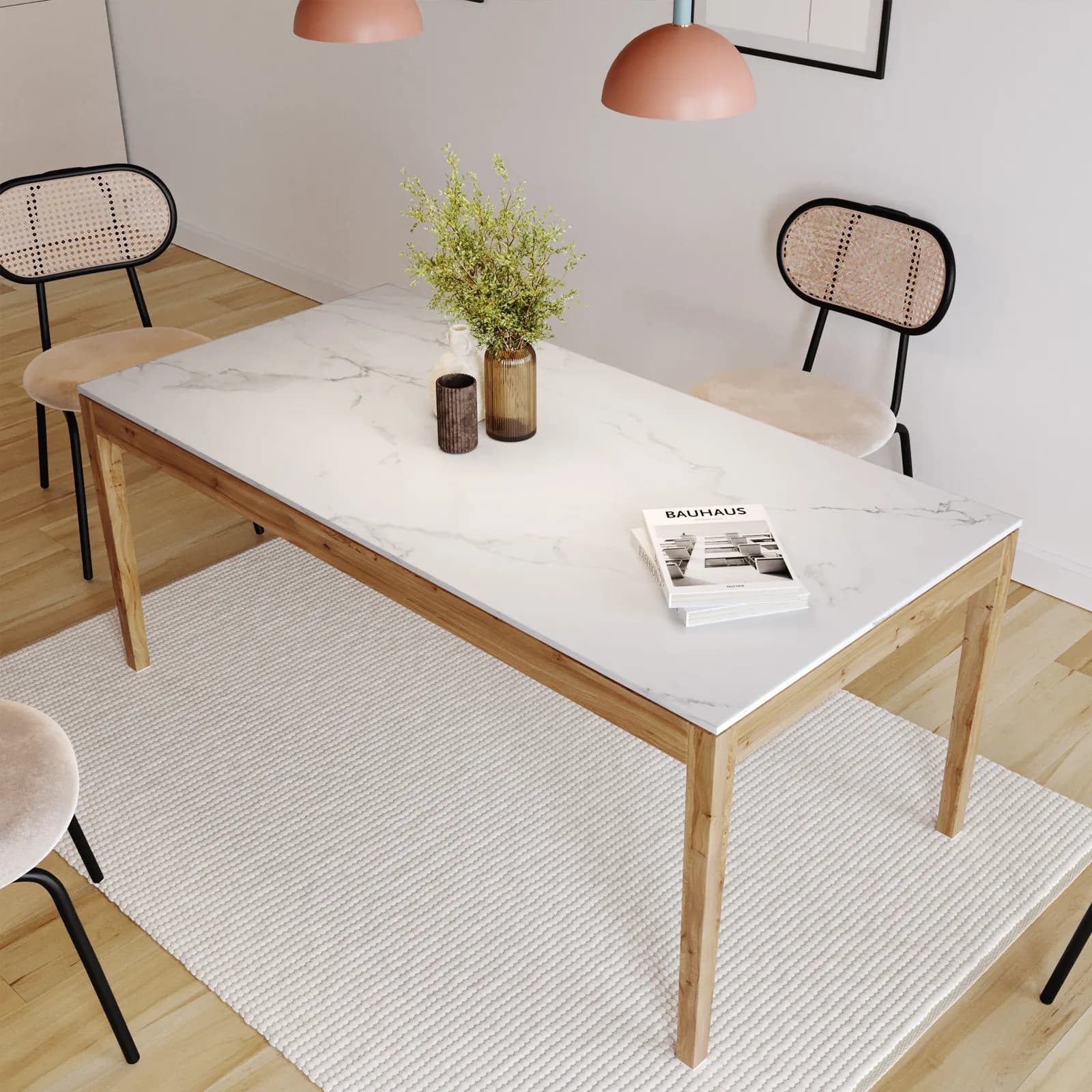 Tavolo 180x90 cm con piano in pietra sinterizzata bianco e gambe in legno - Belles