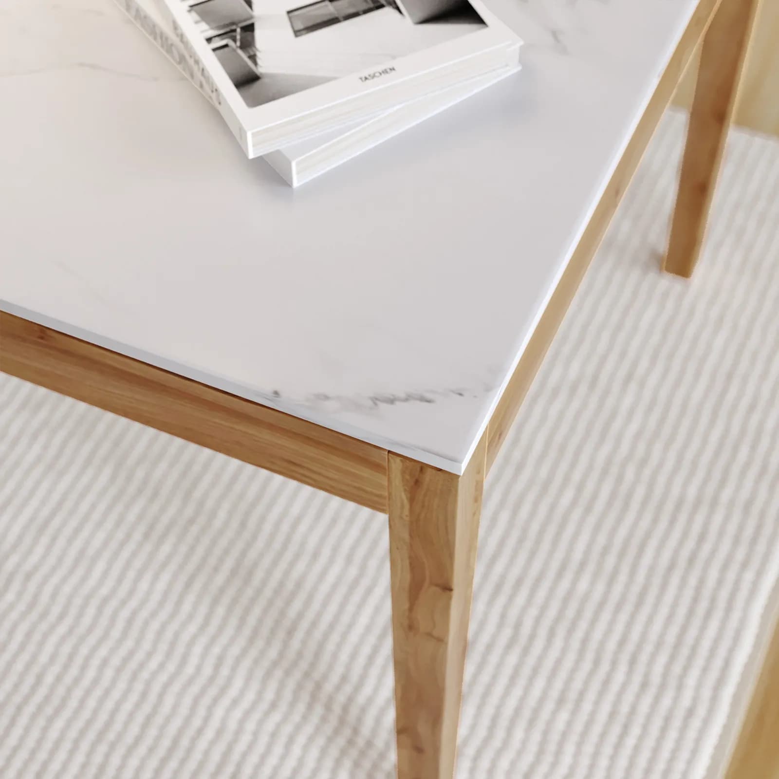 Tavolo 180x90 cm con piano in pietra sinterizzata bianco e gambe in legno - Belles