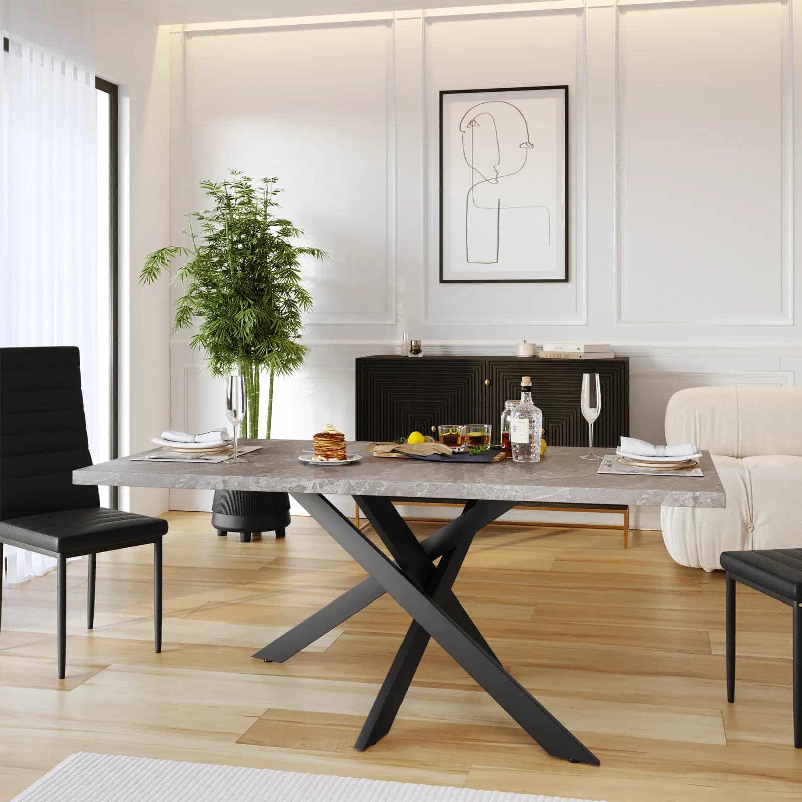 Tavolo 180x90 cm piano in legno effetto marmo e gambe nere asimmetriche - Asterisco