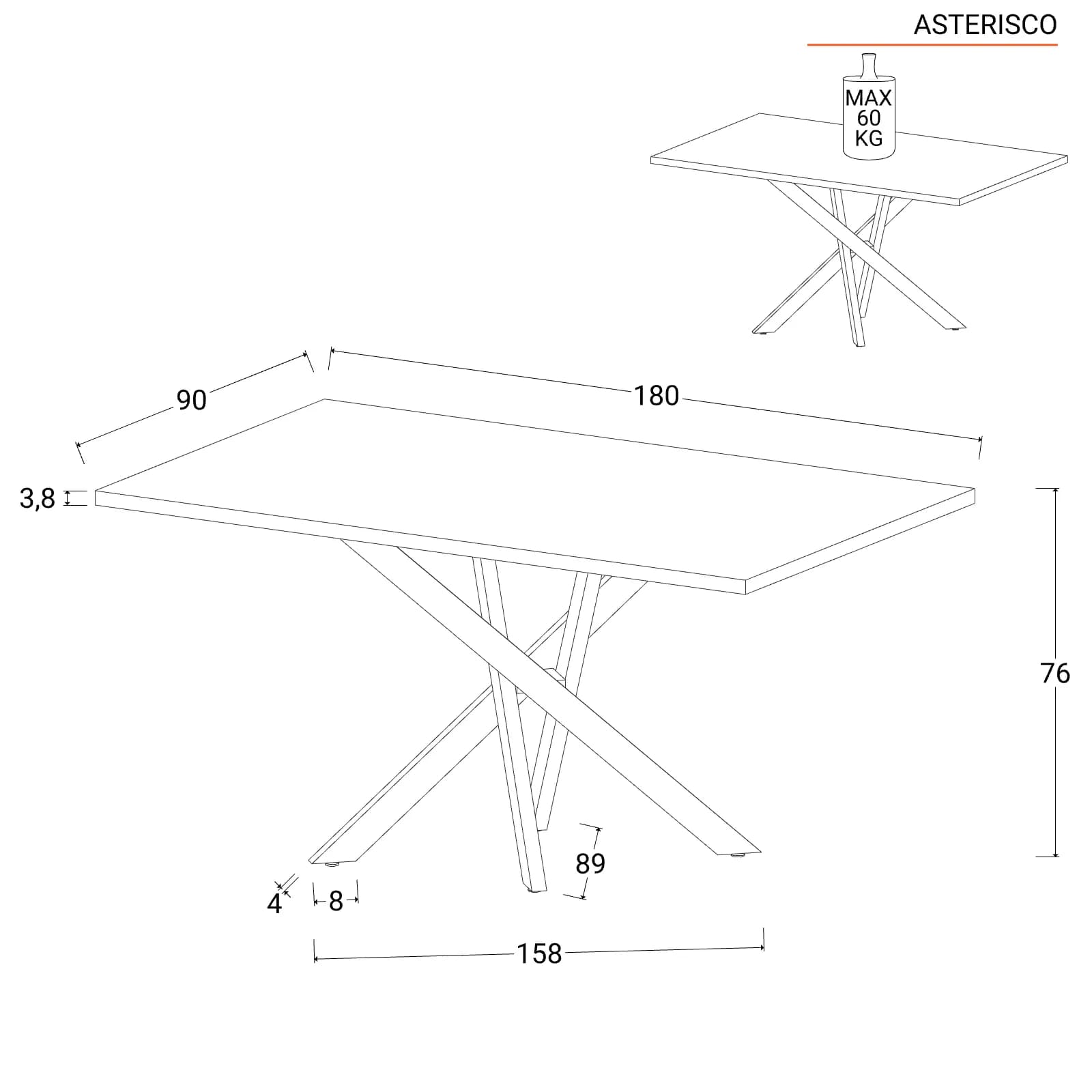 Tavolo 180x90 cm piano in legno effetto marmo e gambe nere asimmetriche - Asterisco