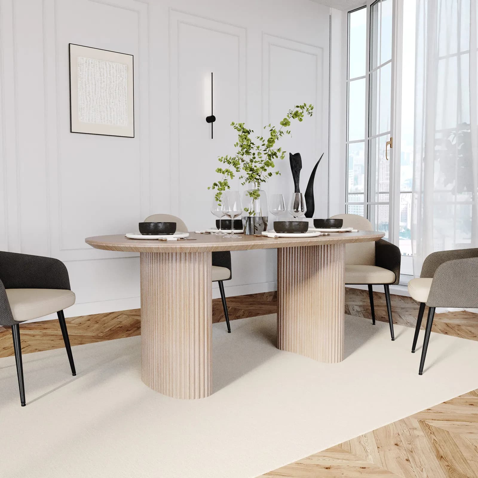 Tavolo 180x90 cm effetto travertino e gambe cannettate - Altum