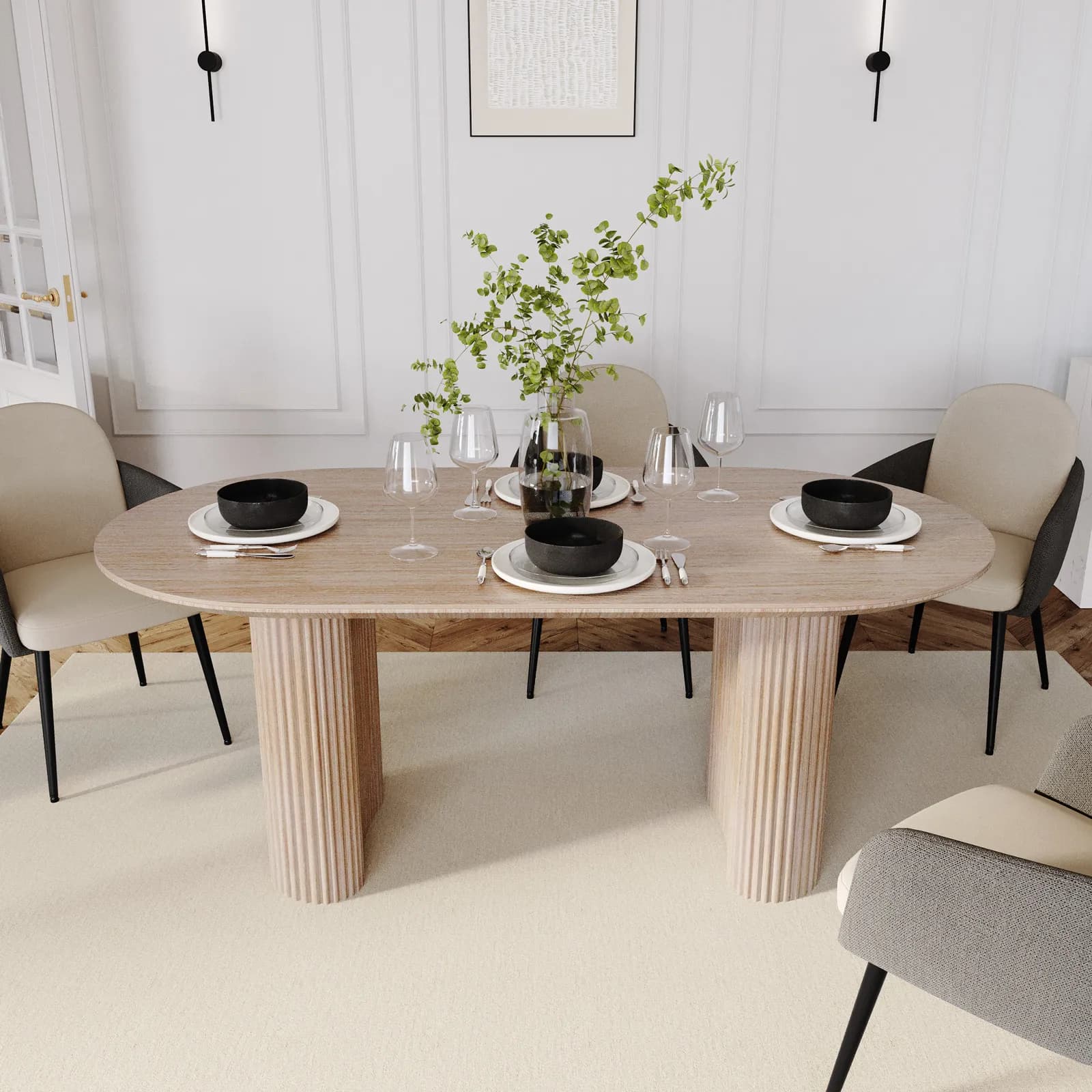 Tavolo 180x90 cm effetto travertino e gambe cannettate - Altum