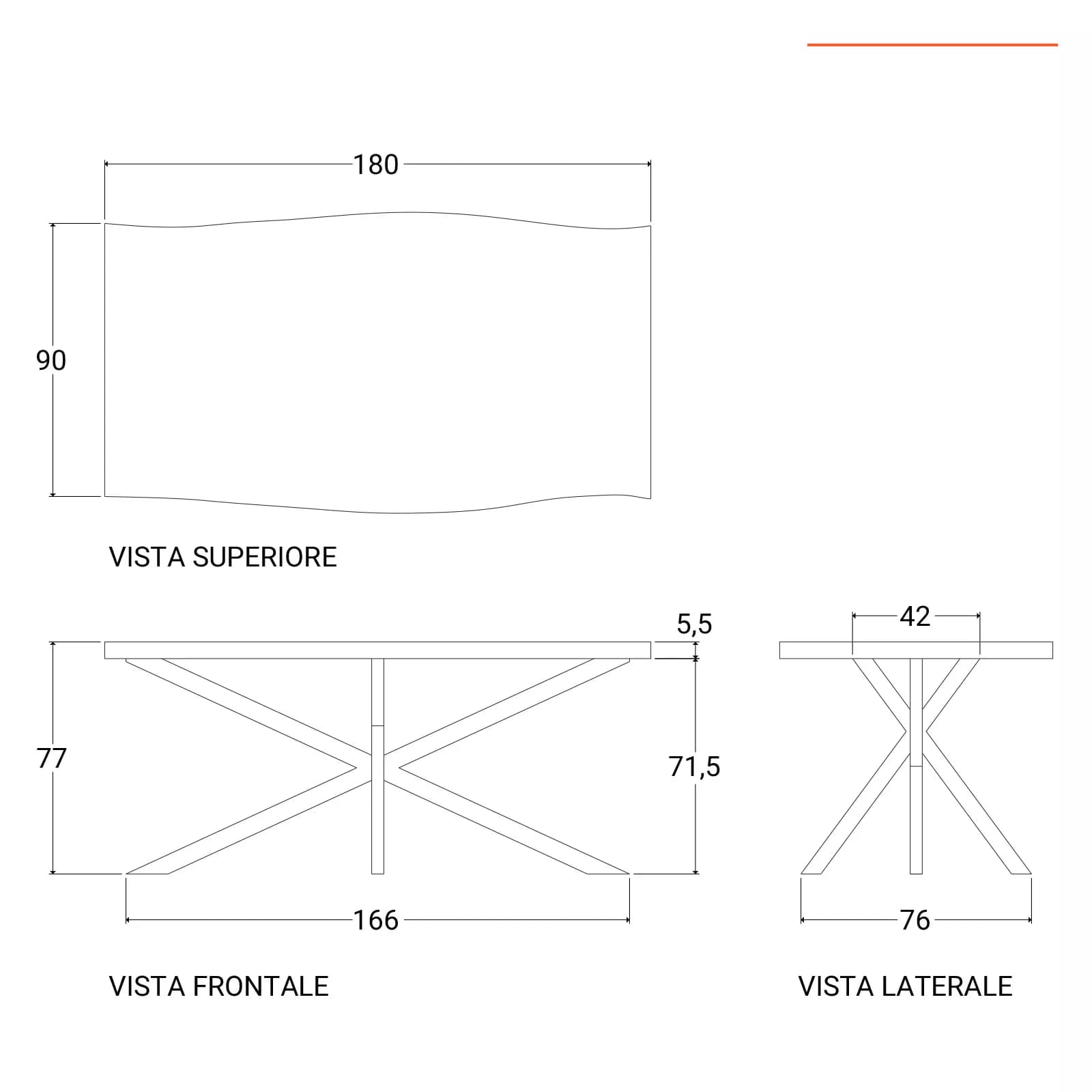 Tavolo 180x90 cm piano in legno di acacia 55mm e gambe a croce in metallo nero - Freia Acacia