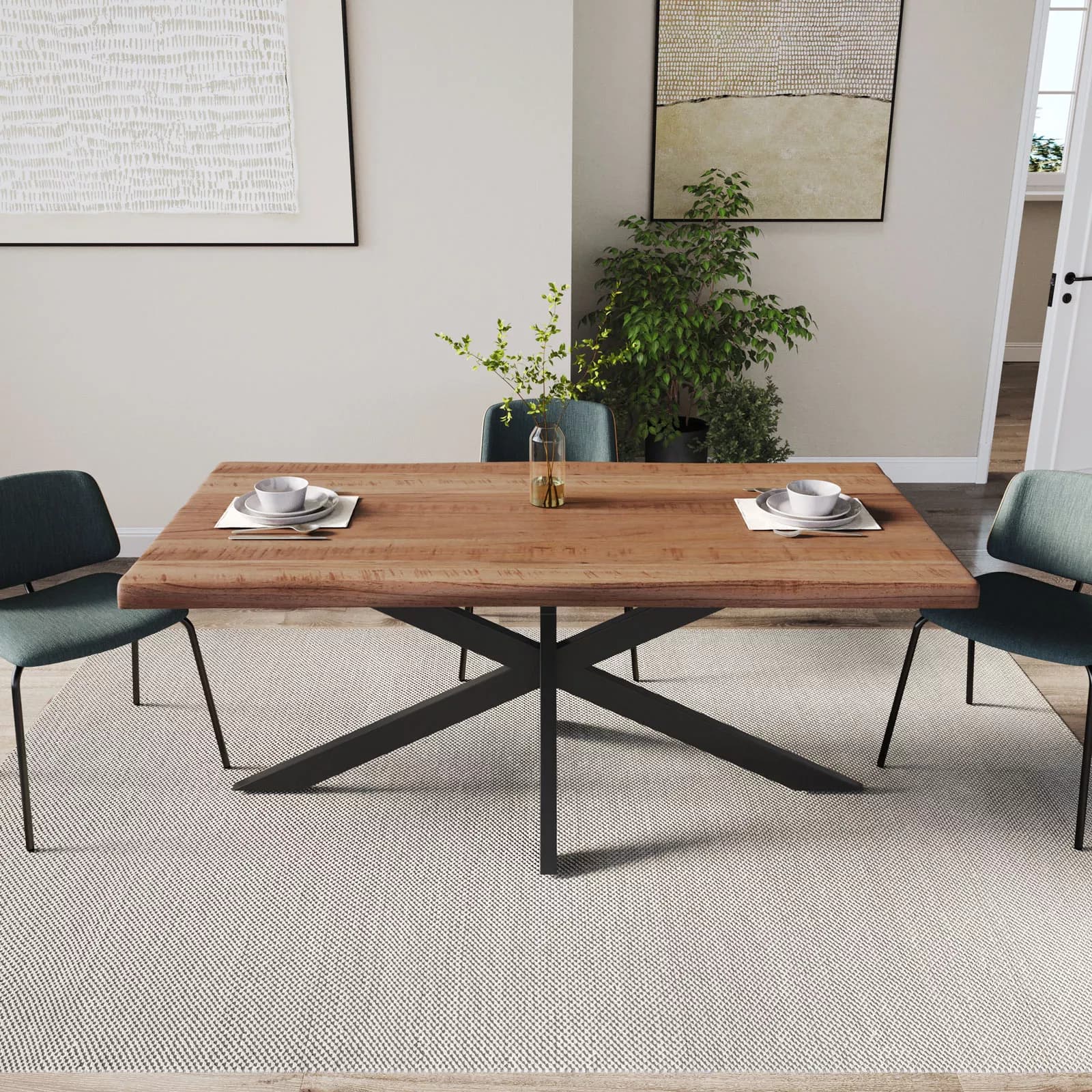 Tavolo 180x90 cm piano in legno di acacia 55mm e gambe a croce in metallo nero - Freia Acacia