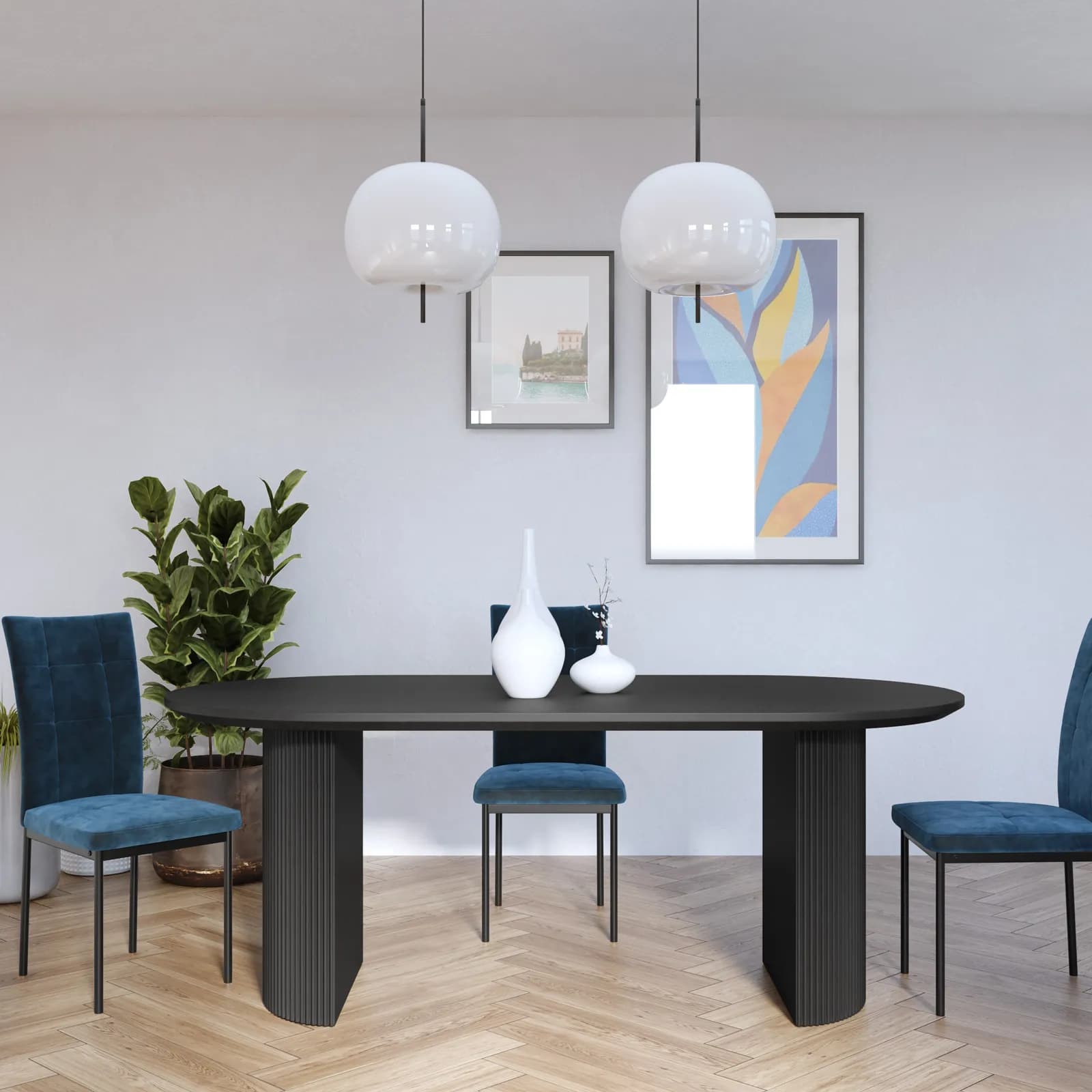 Tavolo 200x100 cm nero con top effetto legno e gambe cannettate a semicerchio - Kobain