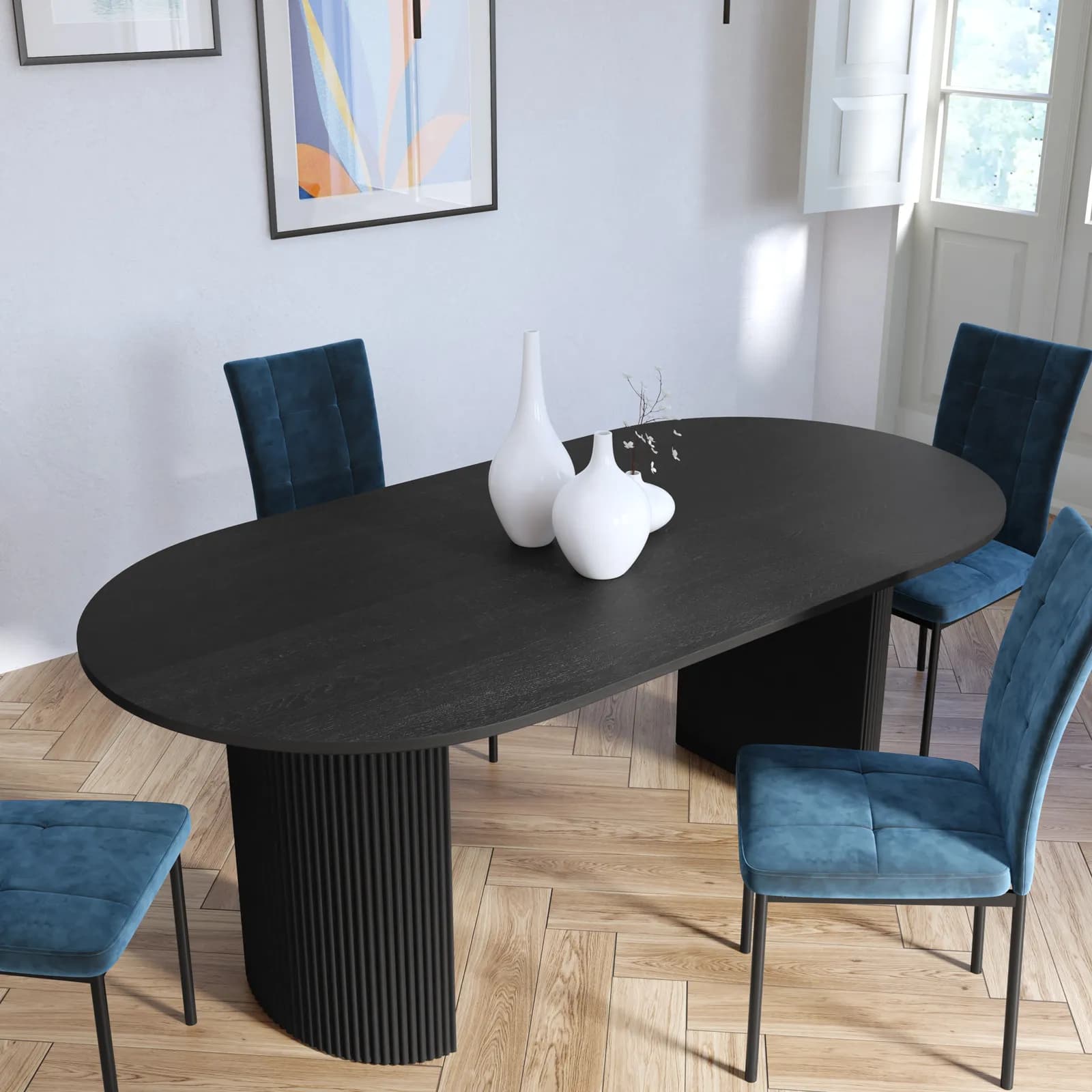 Tavolo 200x100 cm nero con top effetto legno e gambe cannettate a semicerchio - Kobain