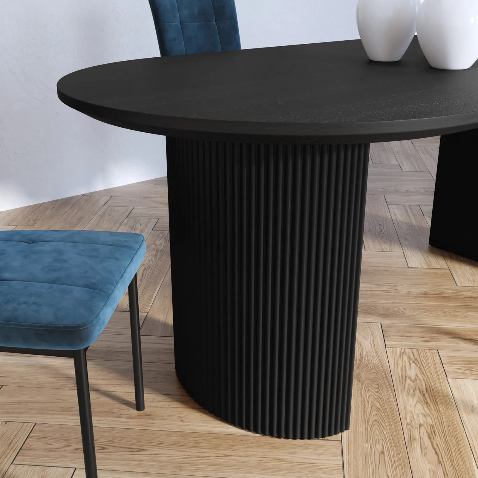 Tavolo 200x100 cm nero con top effetto legno e gambe cannettate a semicerchio - Kobain