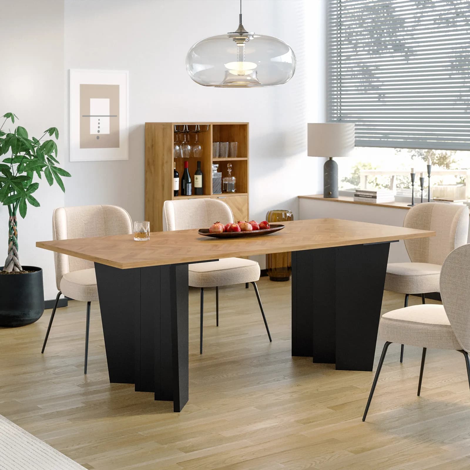 Tavolo 200x90 cm in legno rovere chiaro effetto parquet con gambe nero - Mufasa