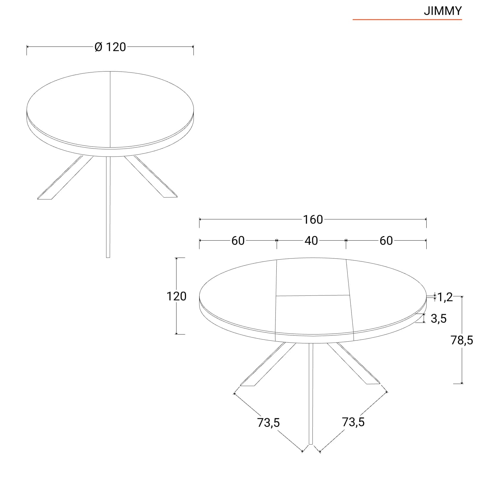 Tavolo allungabile 120-160x120 cm con piano in ceramica antracite - Jimmy
