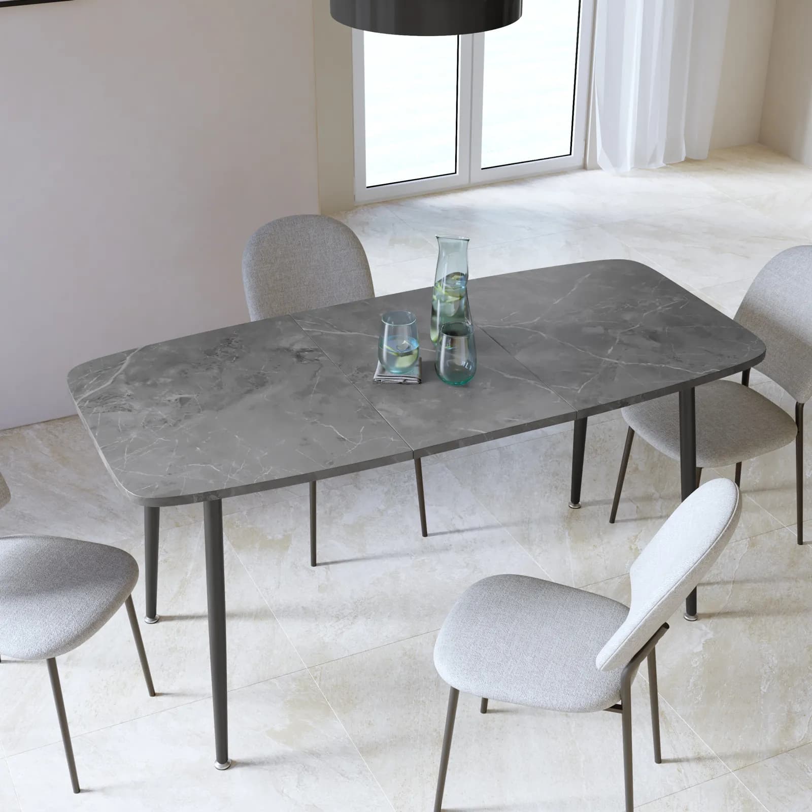 Tavolo allungabile 120-160x80 cm con top effetto pietra antracite e gambe in metallo nero - Freddie