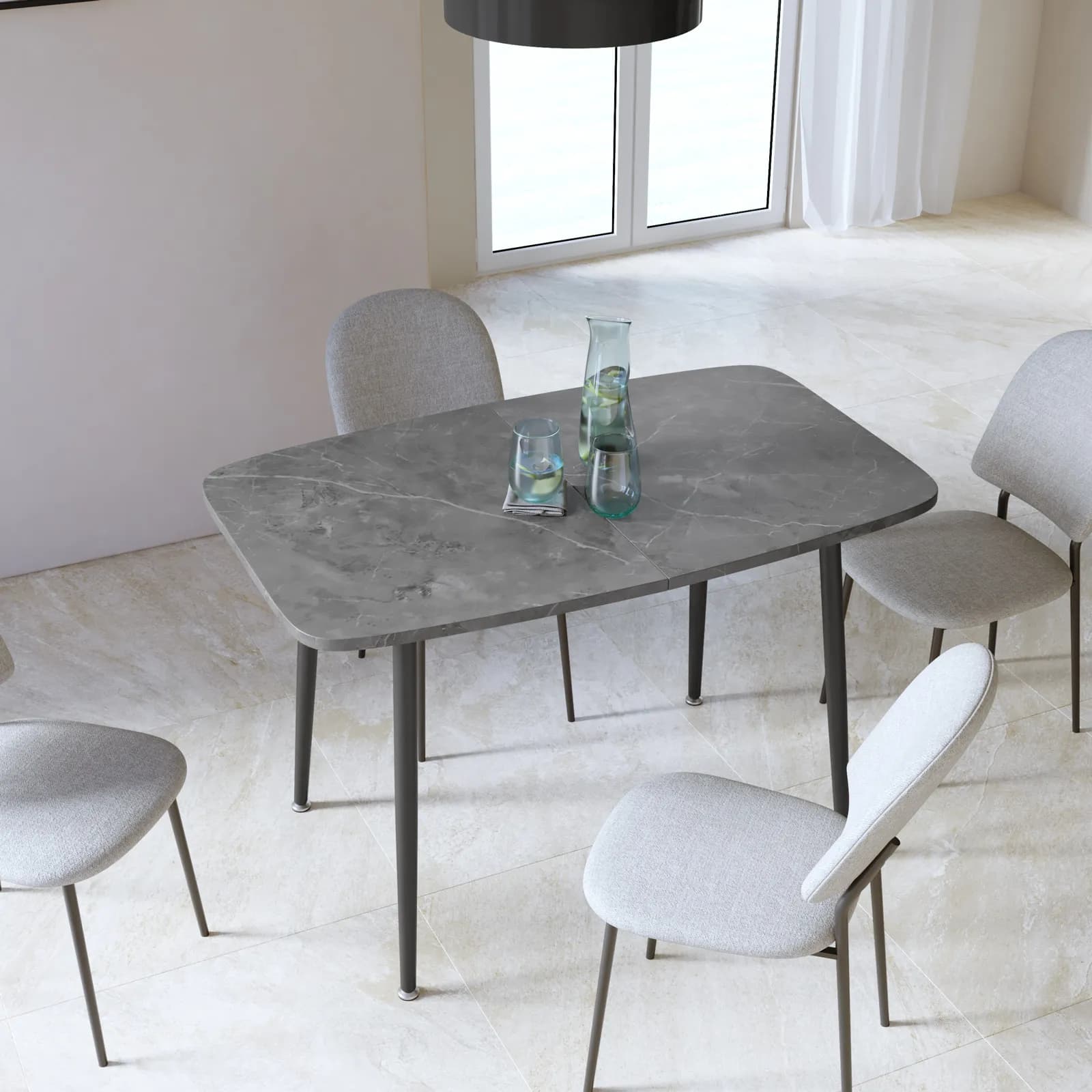 Tavolo allungabile 120-160x80 cm con top effetto pietra antracite e gambe in metallo nero - Freddie