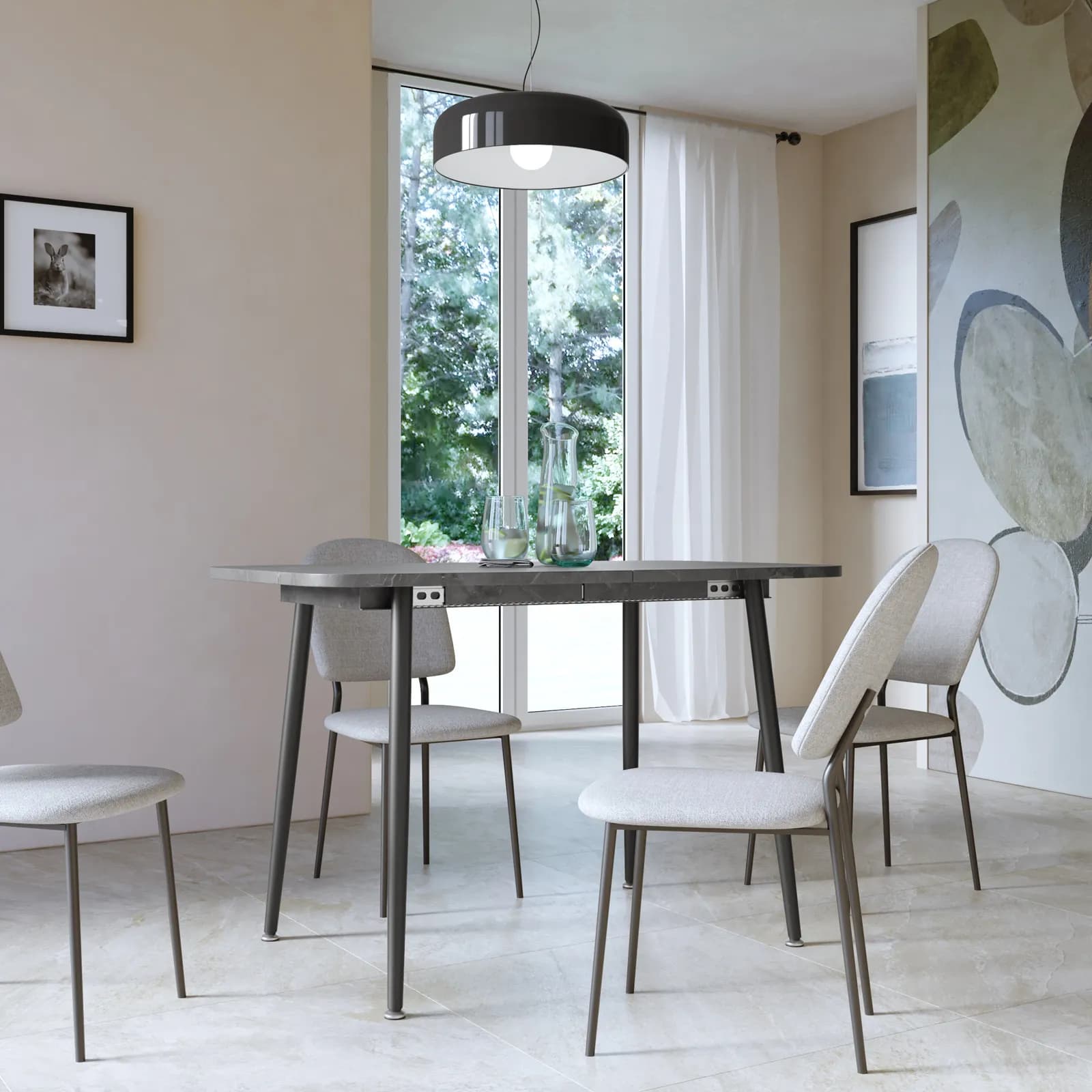 Tavolo allungabile 120-160x80 cm con top effetto pietra antracite e gambe in metallo nero - Freddie