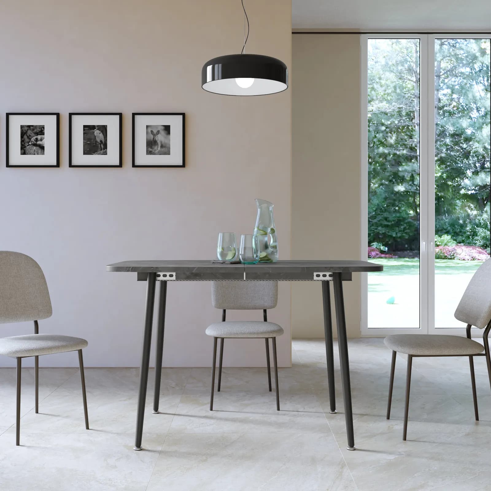 Tavolo allungabile 120-160x80 cm con top effetto pietra antracite e gambe in metallo nero - Freddie